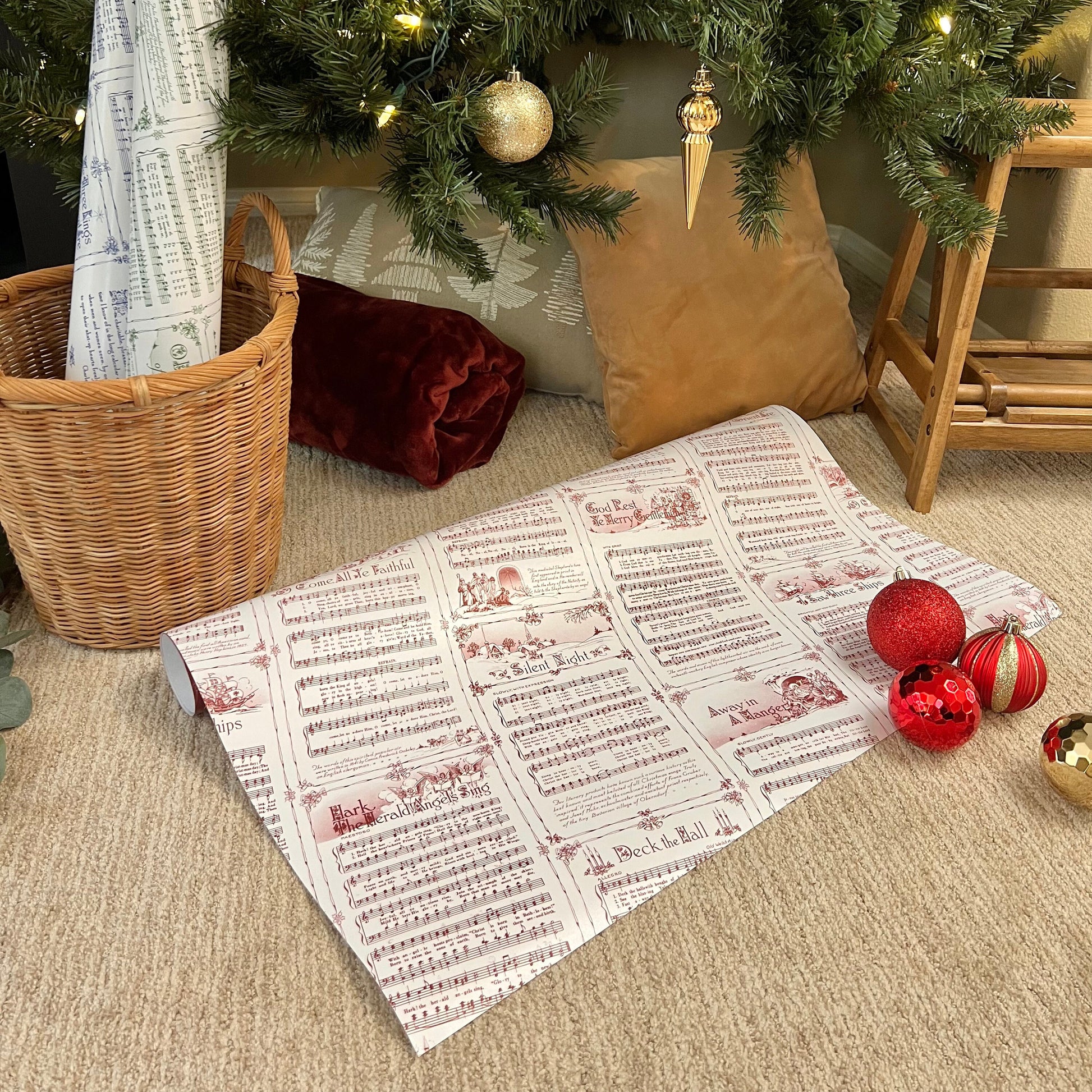 Christmas Carol Red Wrapping Paper Rolls | Vintage Festive Holiday Music Sheets Gift Wraps