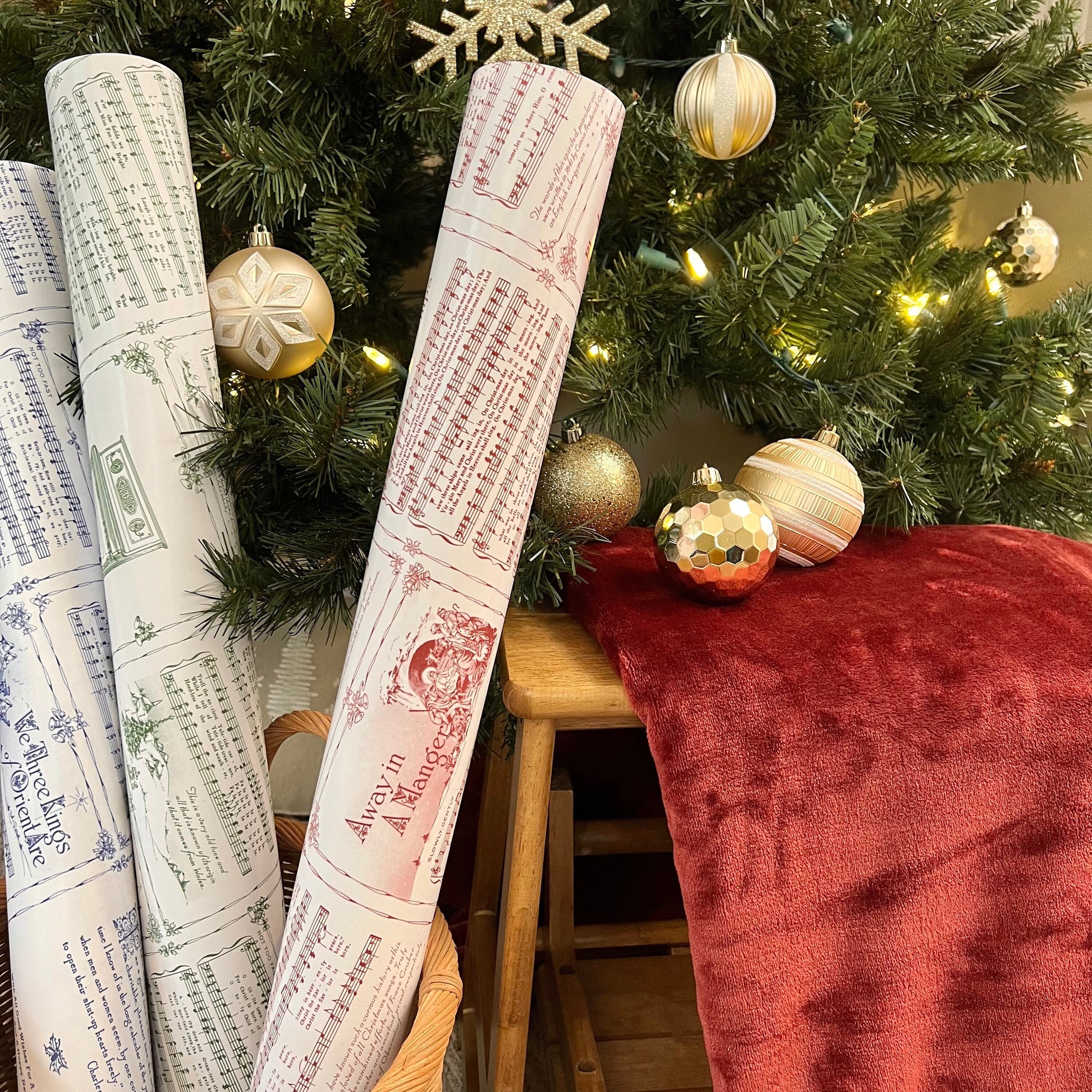 Christmas Carol Red Wrapping Paper Rolls | Vintage Festive Holiday Music Sheets Gift Wraps