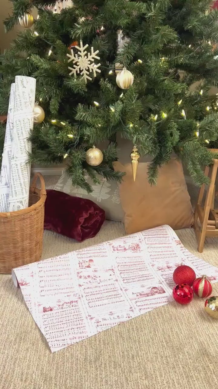 Christmas Carol Red Wrapping Paper Rolls | Vintage Festive Holiday Music Sheets Gift Wraps