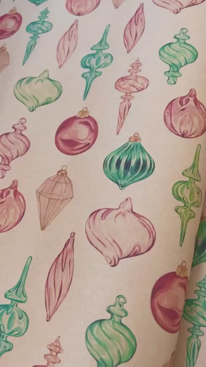 Eco Christmas Wrapping Paper with Vintage Red & Green Ornaments | Recycled Sustainable Gift Wrap for Classic Holiday Decorations