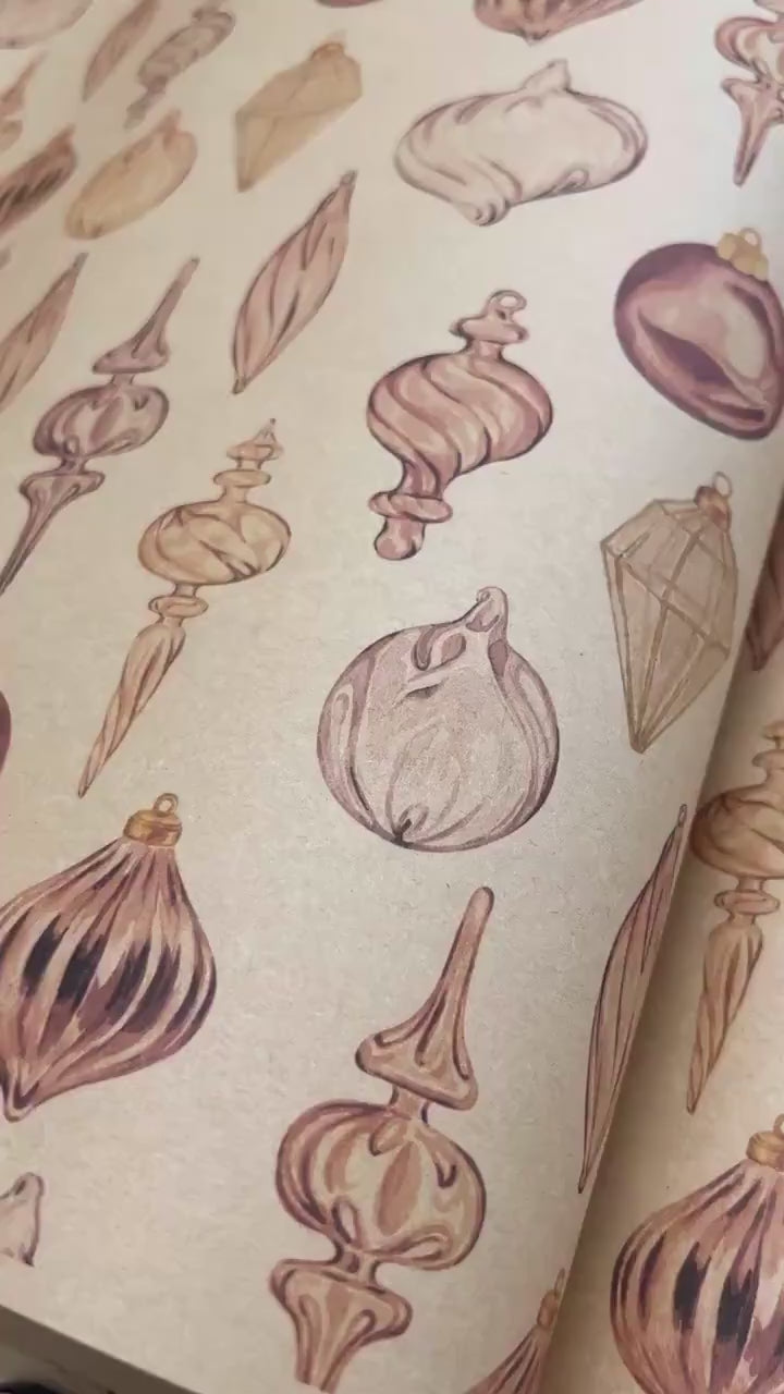 Eco Christmas Wrapping Paper with Vintage Copper Brown & Gold Ornaments | Recycled Sustainable Gift Wrap for Rustic Holiday Decorations