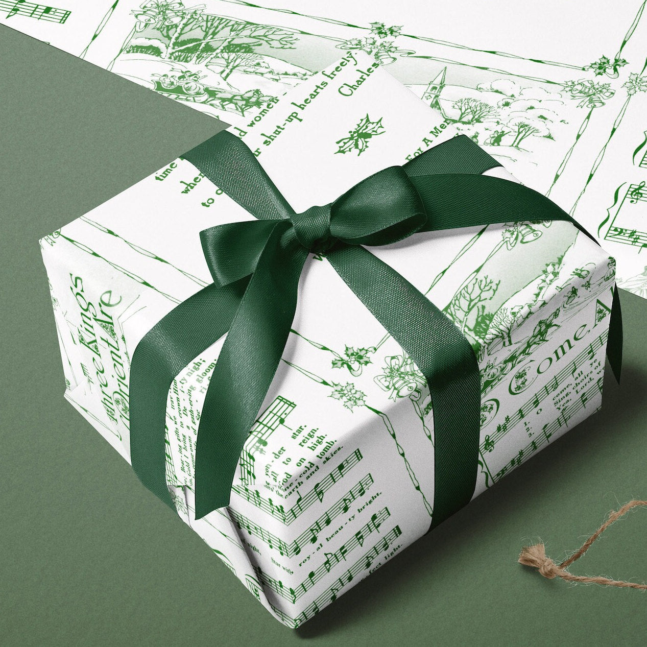 Christmas Carol Wrapping Paper Rolls | Green Vintage Holiday Music Sheets Gift Wraps