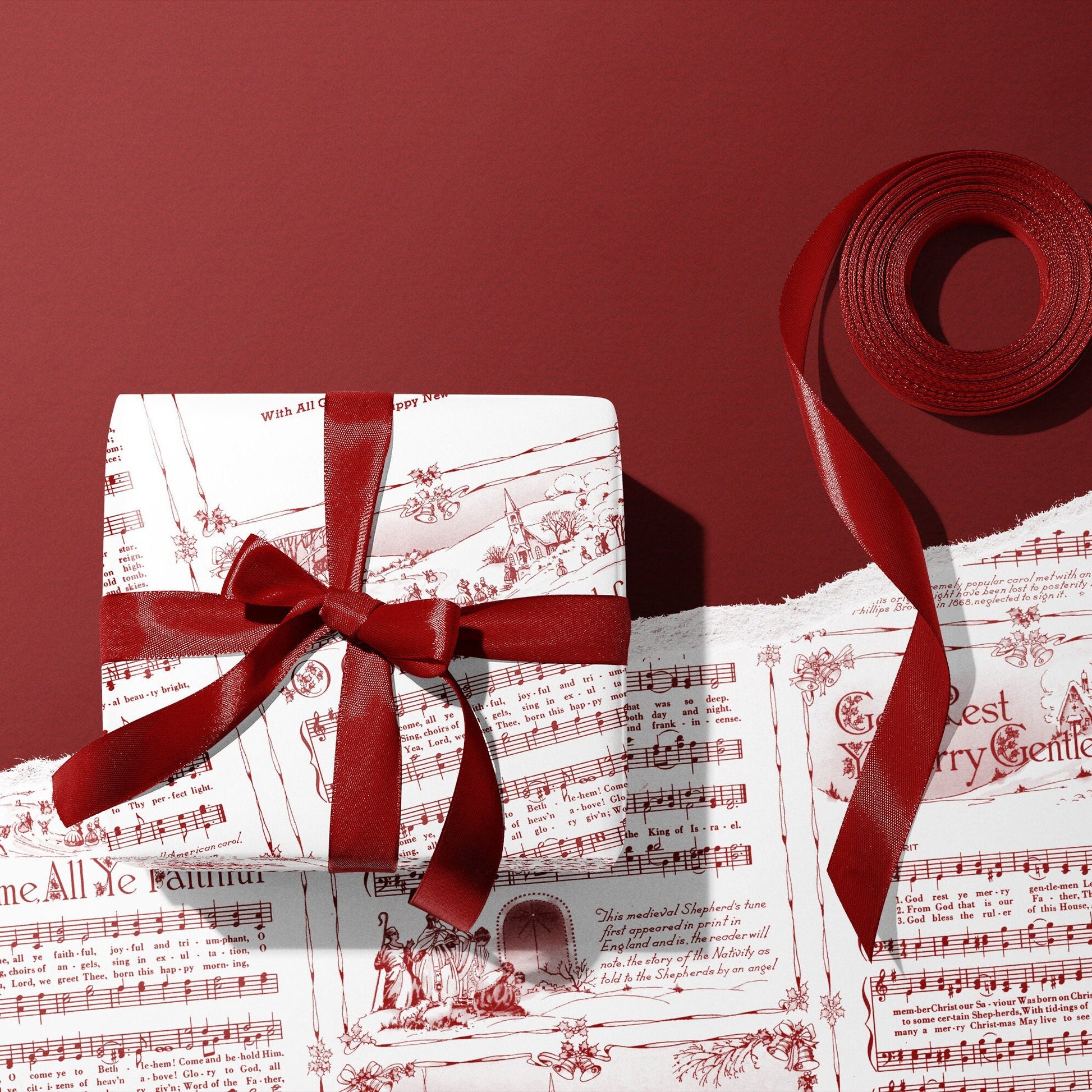 Christmas Carol Red Wrapping Paper Rolls | Vintage Festive Holiday Music Sheets Gift Wraps