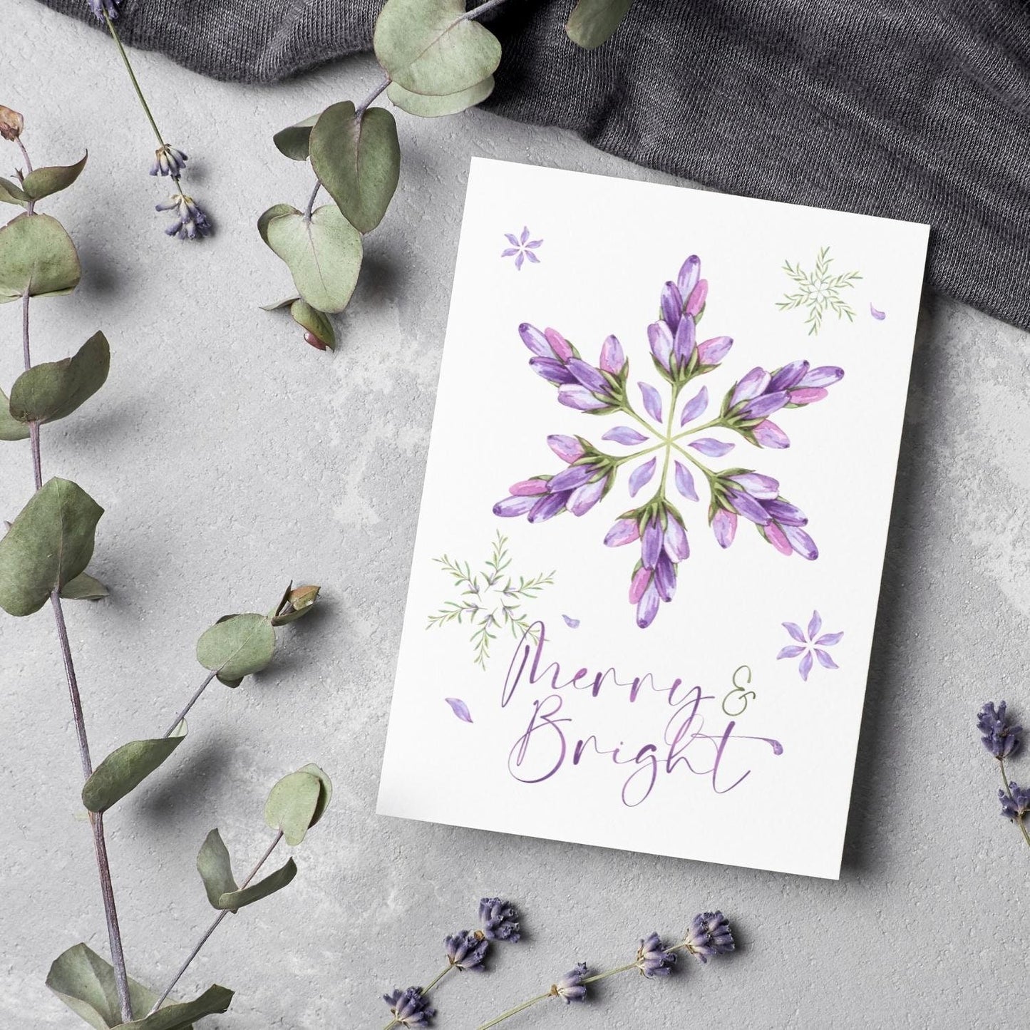 Lavender Snowflake Blossom Greeting Cards With Envelopes | Merry & Bright Flower Purple Christmas Holiday Card Pack, Set Of 5, 10, 25, 50