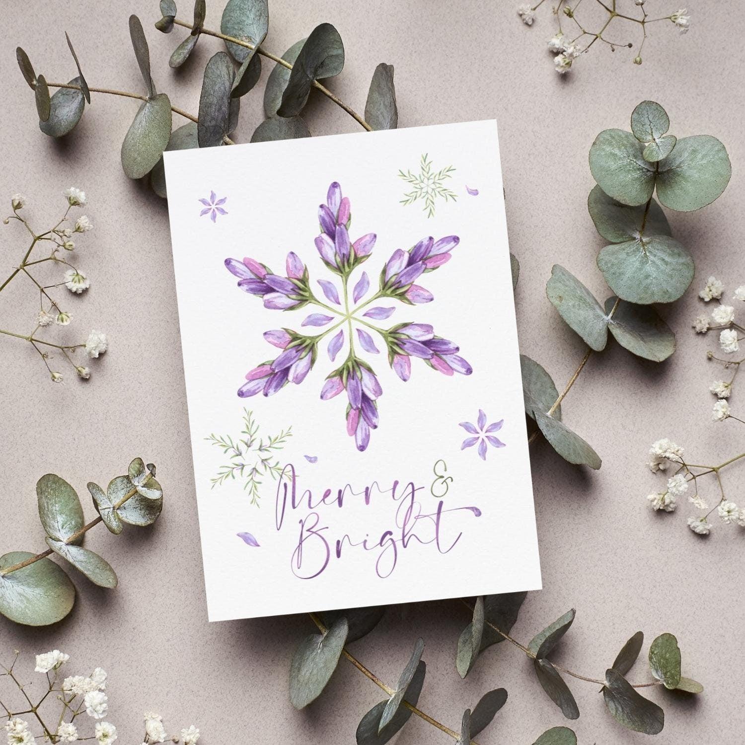 Lavender Snowflake Blossom Greeting Cards With Envelopes | Merry & Bright Flower Purple Christmas Holiday Card Pack, Set Of 5, 10, 25, 50