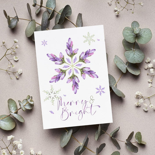 Lavender Snowflake Blossom Greeting Cards With Envelopes | Merry & Bright Flower Purple Christmas Holiday Card Pack, Set Of 5, 10, 25, 50