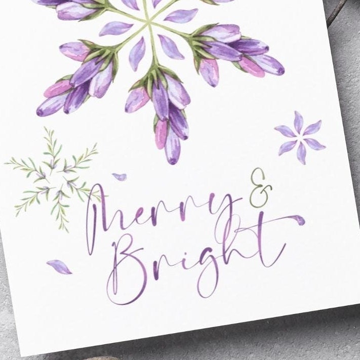 Lavender Snowflake Blossom Greeting Cards With Envelopes | Merry & Bright Flower Purple Christmas Holiday Card Pack, Set Of 5, 10, 25, 50