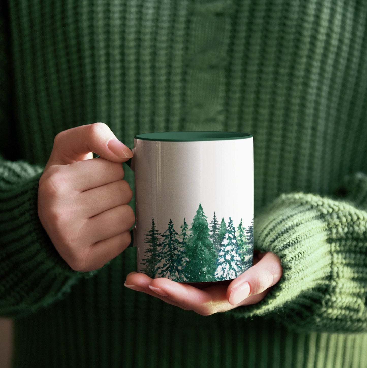 Winter Green Mug Collection | Hand-drawn Illustration Christmas Gift Mug | Evergreen Winter Trees & Forest Mug 11oz