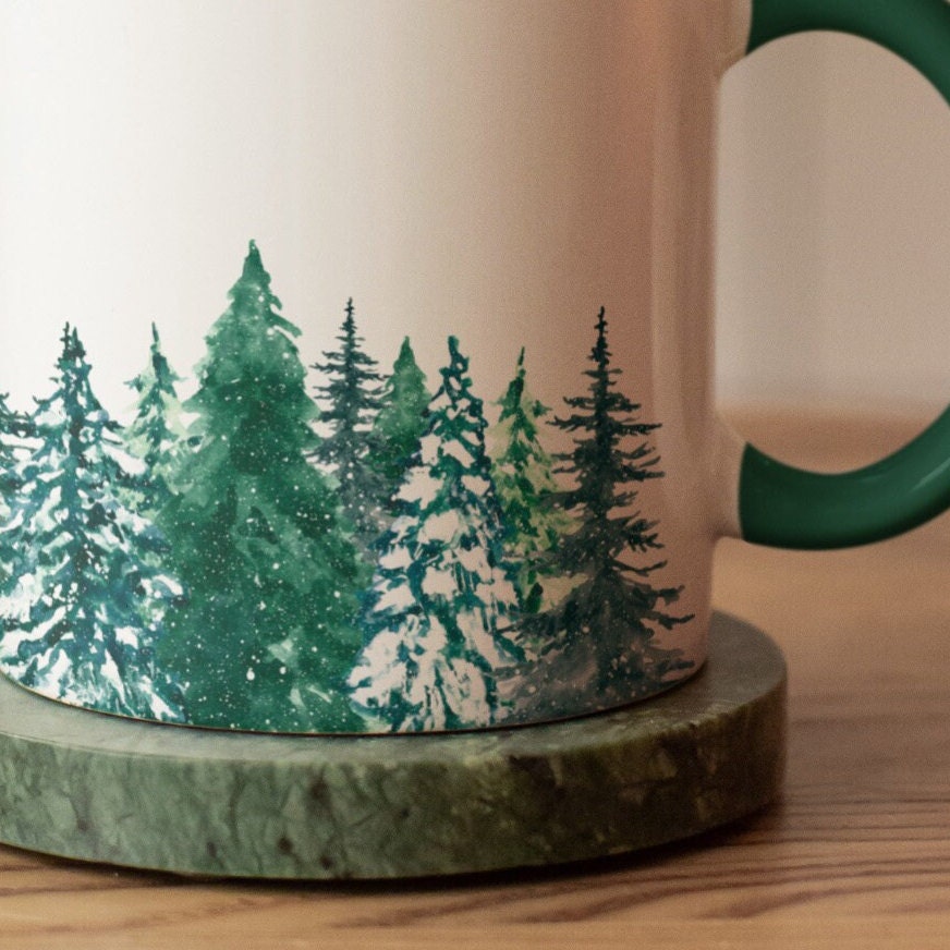 Winter Green Mug Collection | Hand-drawn Illustration Christmas Gift Mug | Evergreen Winter Trees & Forest Mug 11oz