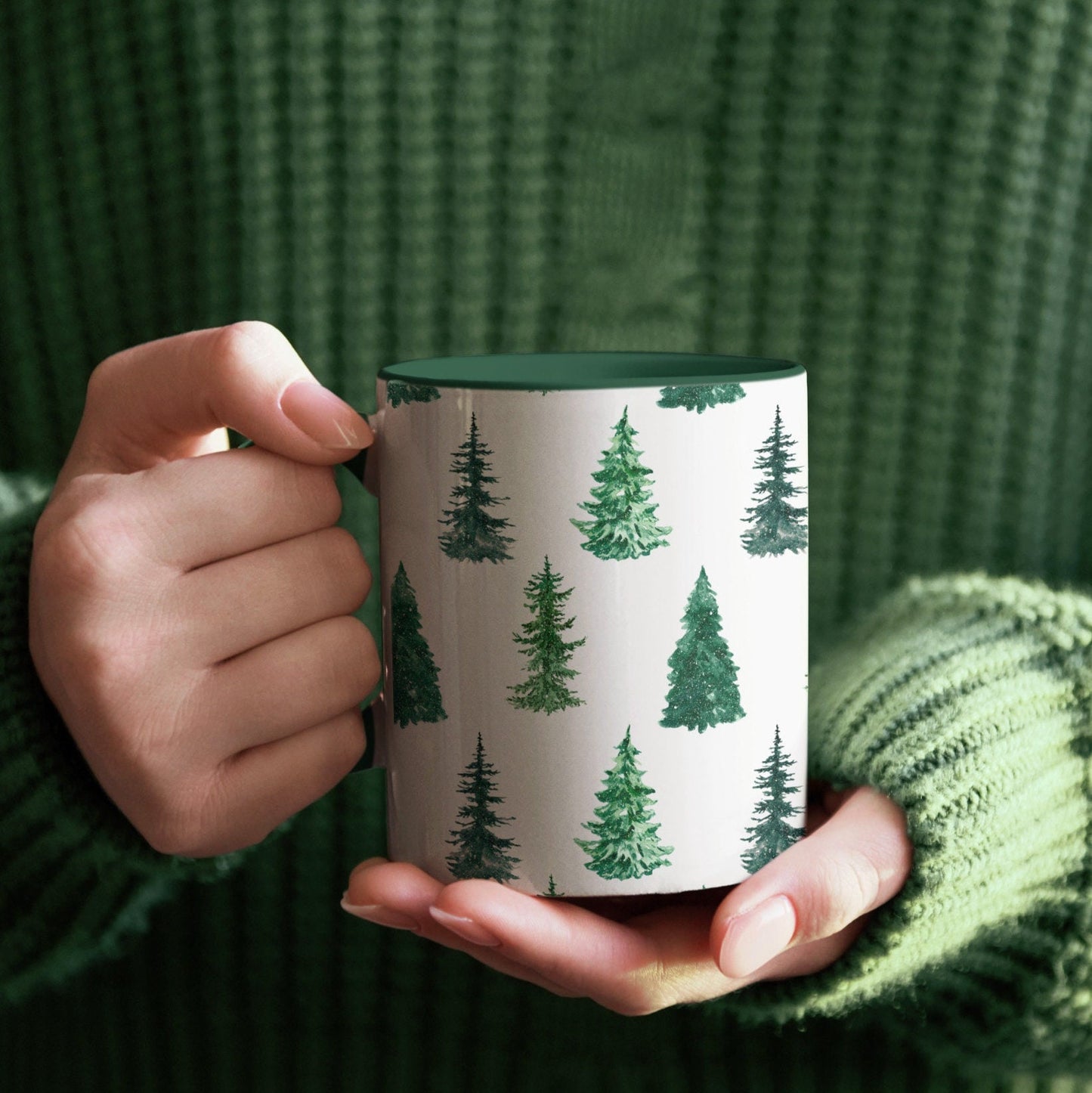 Winter Green Mug Collection | Hand-drawn Illustration Christmas Gift Mug | Evergreen Winter Trees & Forest Mug 11oz