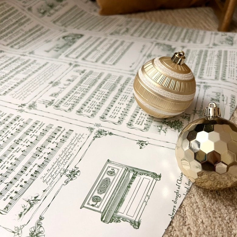 Christmas Carol Wrapping Paper Rolls | Green Vintage Holiday Music Sheets Gift Wraps