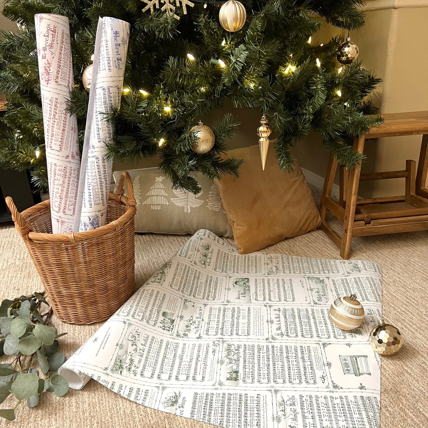 Christmas Carol Wrapping Paper Rolls | Green Vintage Holiday Music Sheets Gift Wraps