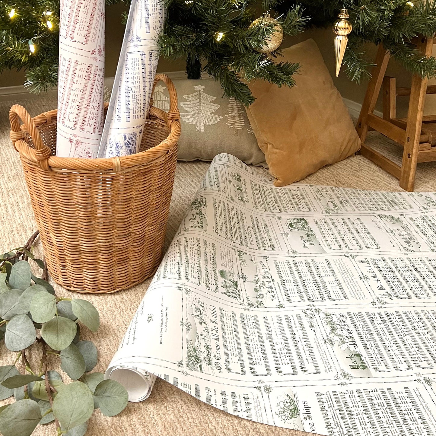 Christmas Carol Wrapping Paper Rolls | Green Vintage Holiday Music Sheets Gift Wraps