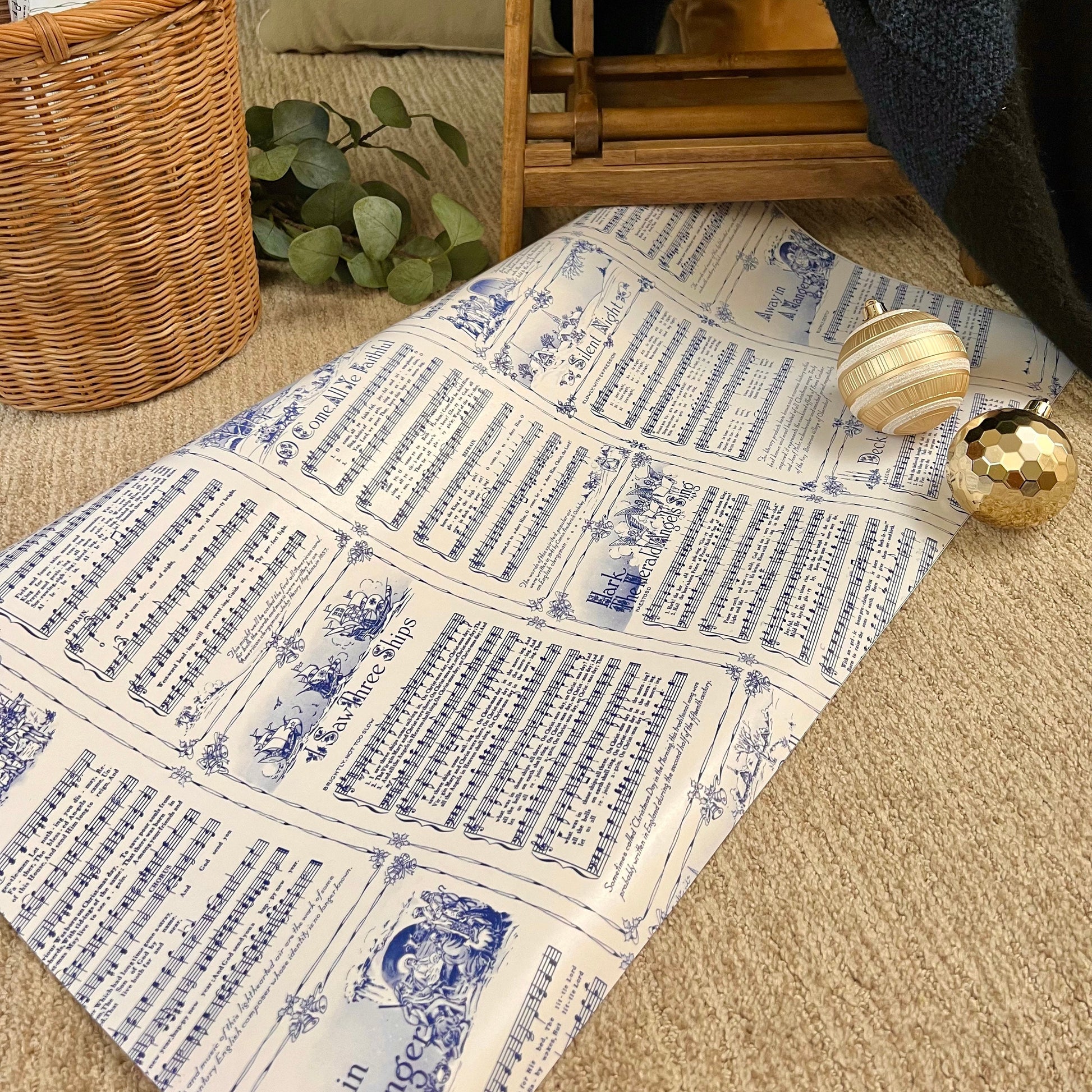 Christmas Carol Festive Wrapping Paper Rolls | Blue Vintage Holiday Music Sheets Gift Wraps