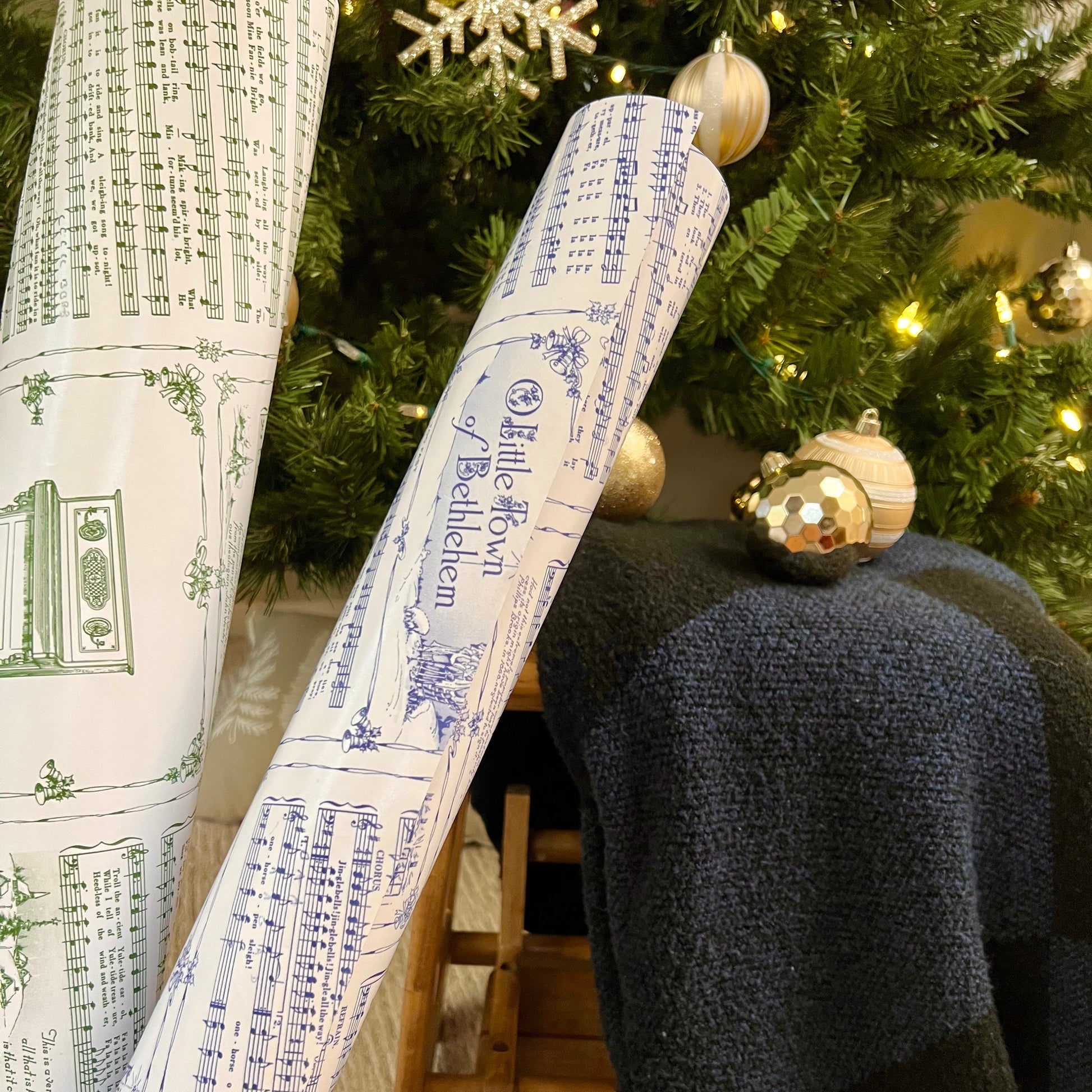 Christmas Carol Festive Wrapping Paper Rolls | Blue Vintage Holiday Music Sheets Gift Wraps