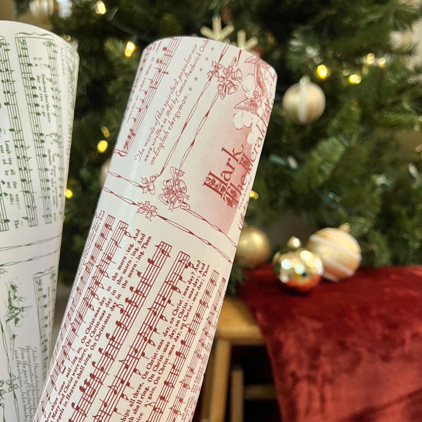 Christmas Carol Red Wrapping Paper Rolls | Vintage Festive Holiday Music Sheets Gift Wraps