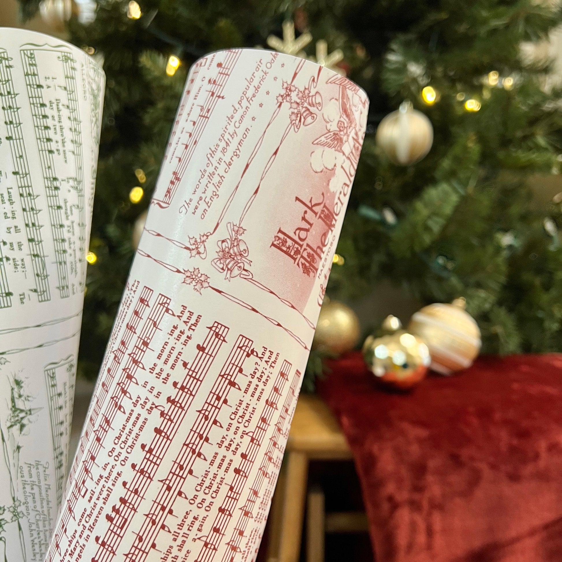 Christmas Carol Red Wrapping Paper Rolls | Vintage Festive Holiday Music Sheets Gift Wraps