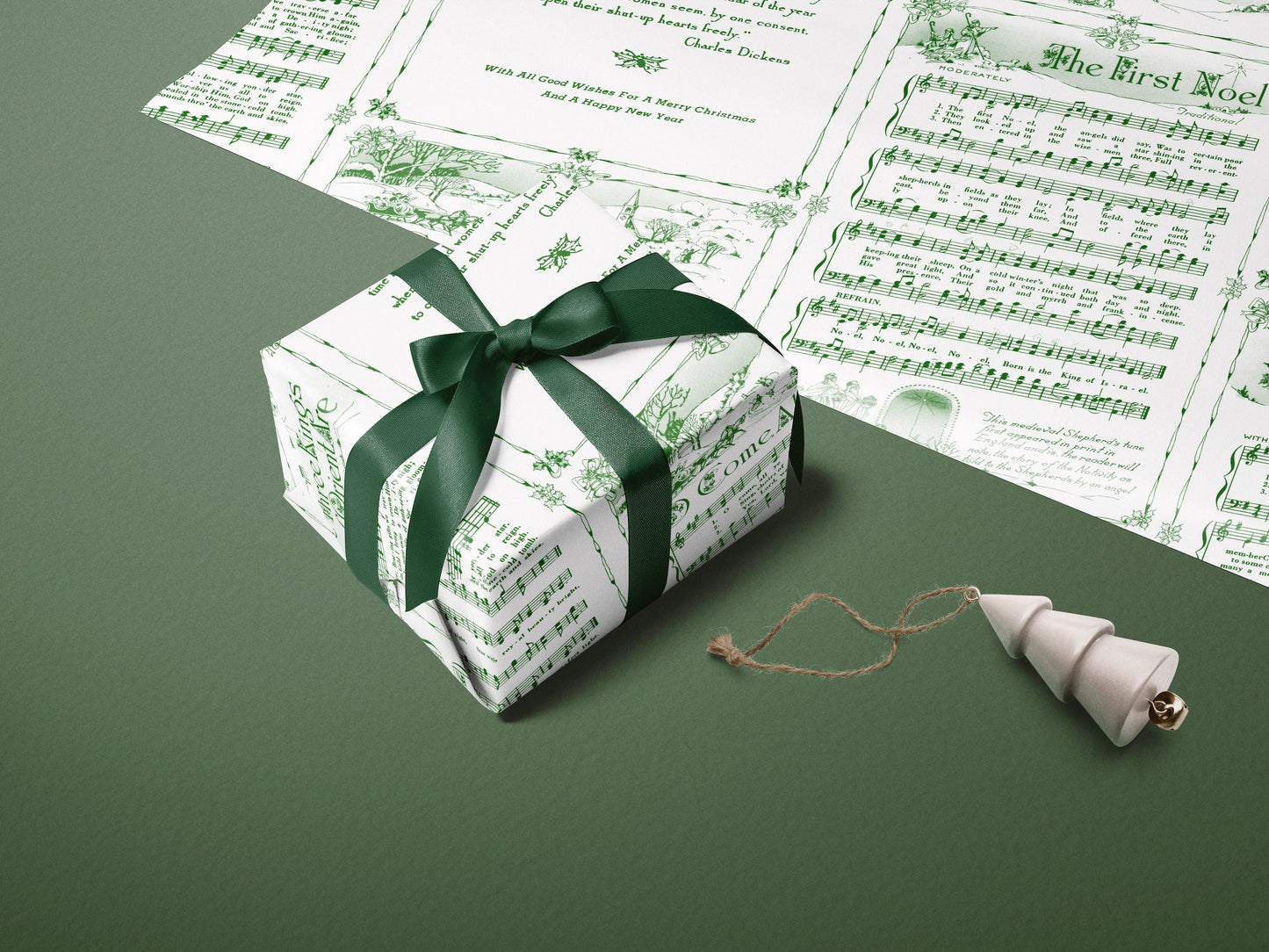 Christmas Carol Wrapping Paper Rolls | Green Vintage Holiday Music Sheets Gift Wraps