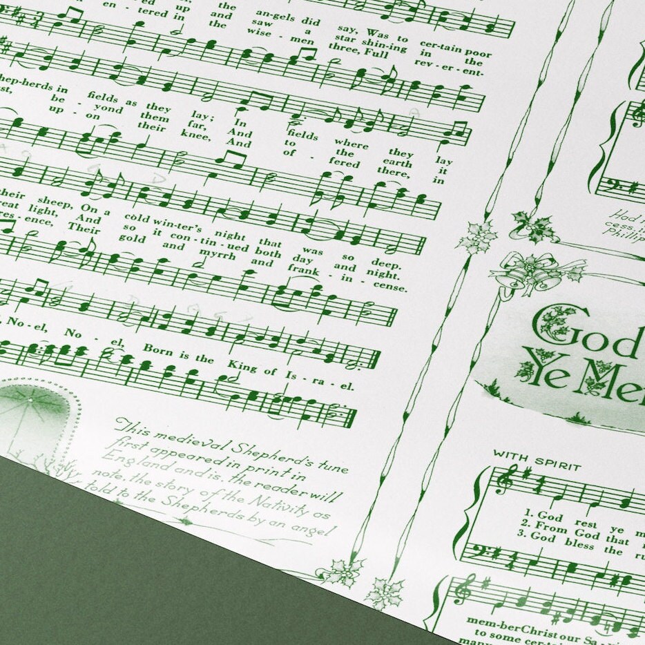Christmas Carol Wrapping Paper Rolls | Green Vintage Holiday Music Sheets Gift Wraps