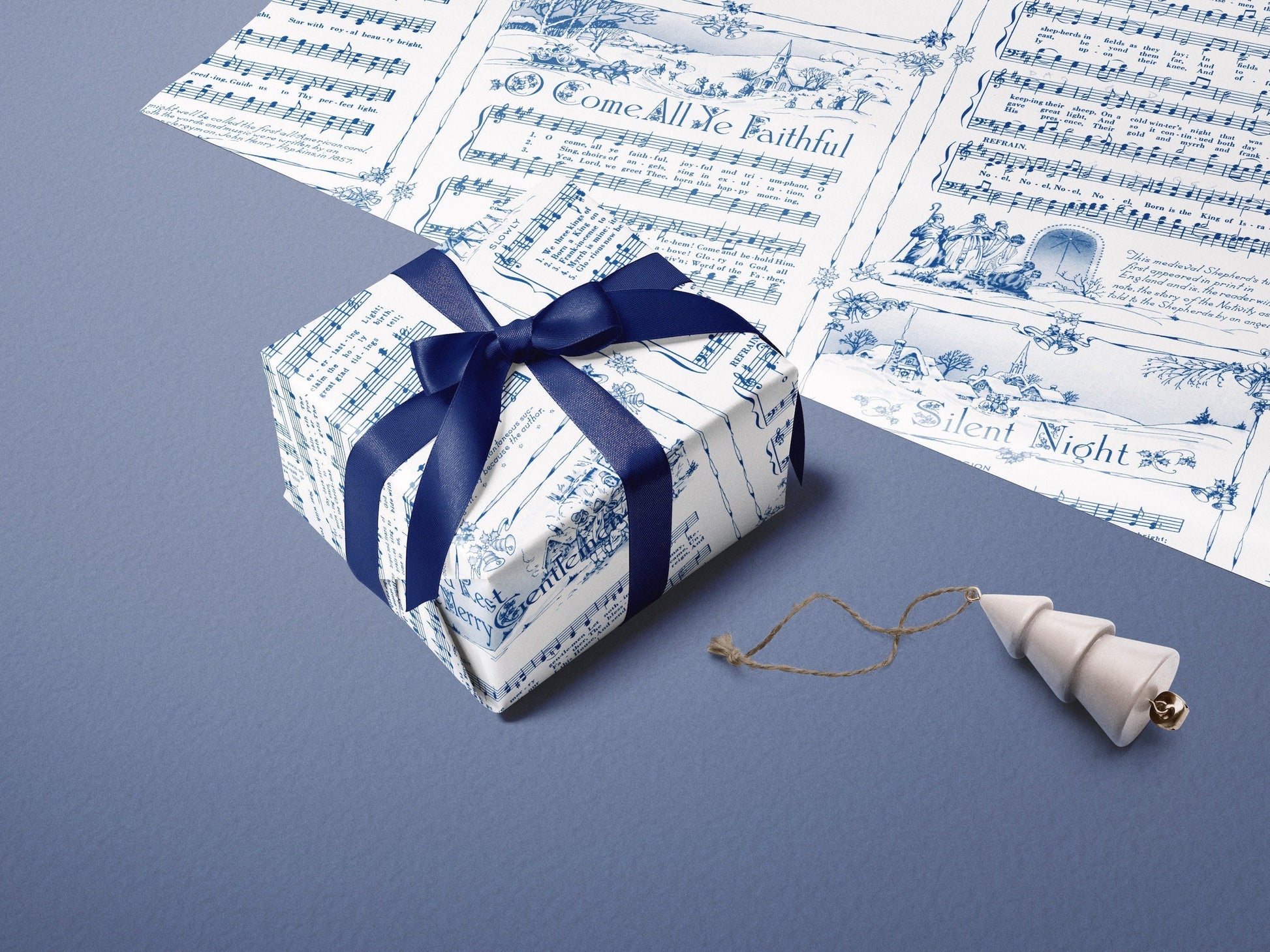 Christmas Carol Festive Wrapping Paper Rolls | Blue Vintage Holiday Music Sheets Gift Wraps