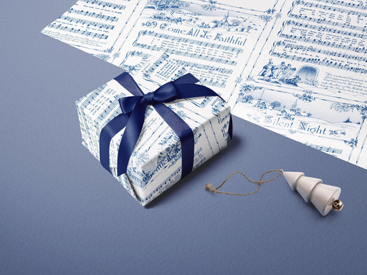 Christmas Carol Festive Wrapping Paper Rolls | Blue Vintage Holiday Music Sheets Gift Wraps