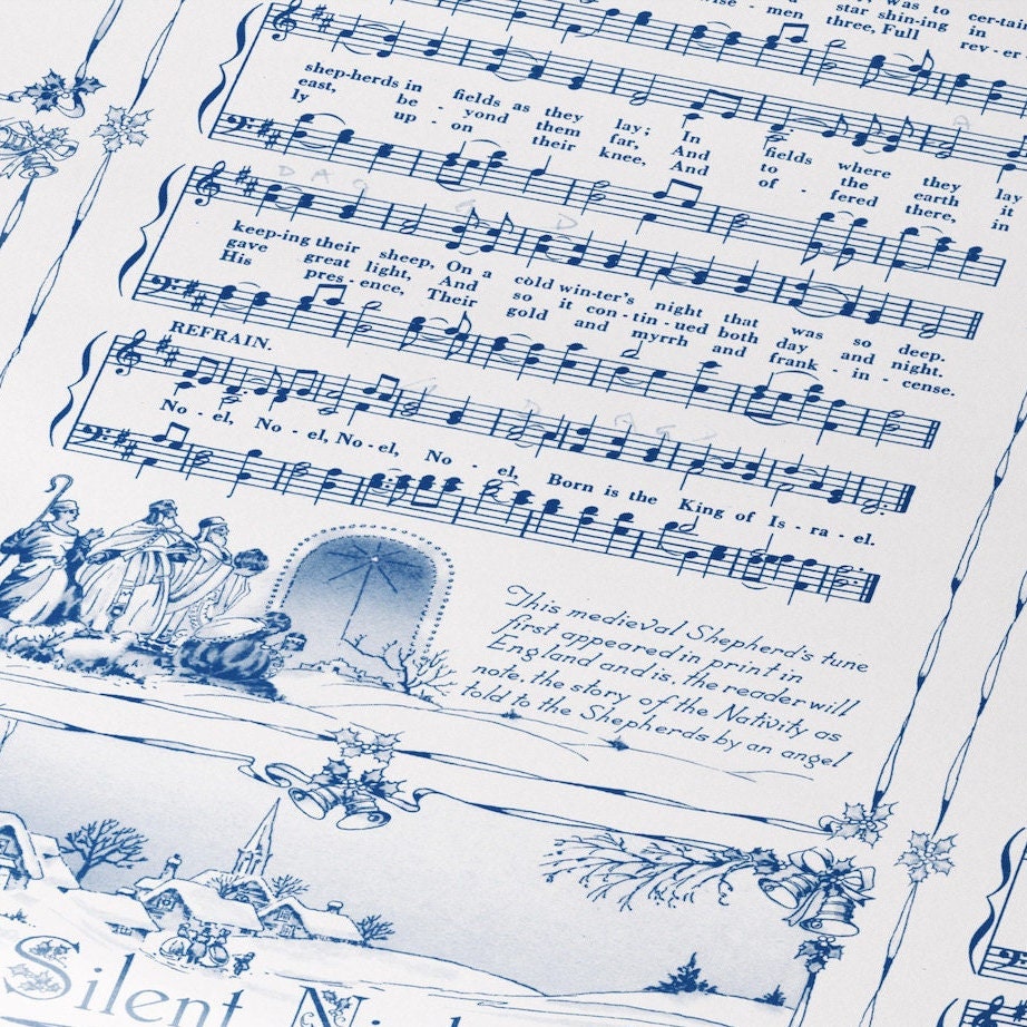 Christmas Carol Festive Wrapping Paper Rolls | Blue Vintage Holiday Music Sheets Gift Wraps