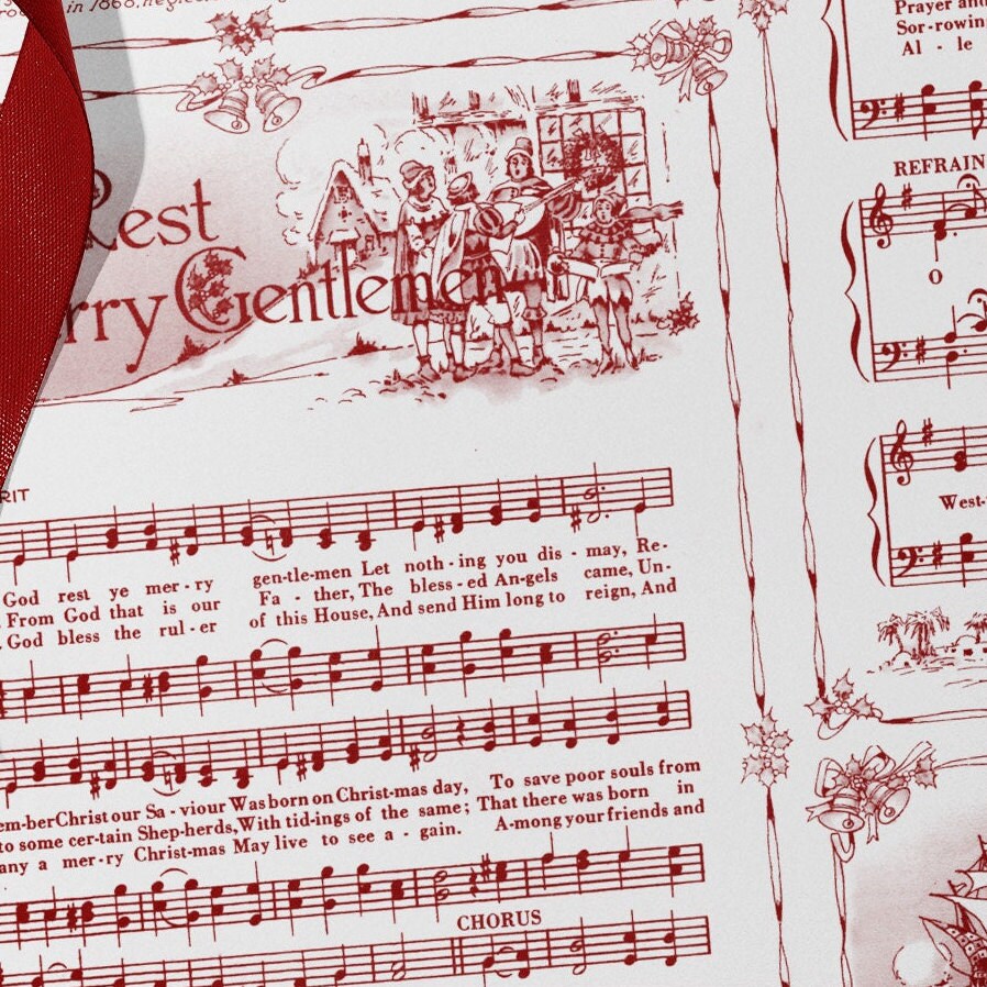 Christmas Carol Red Wrapping Paper Rolls | Vintage Festive Holiday Music Sheets Gift Wraps