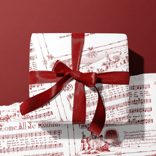Christmas Carol Red Wrapping Paper Rolls | Vintage Festive Holiday Music Sheets Gift Wraps