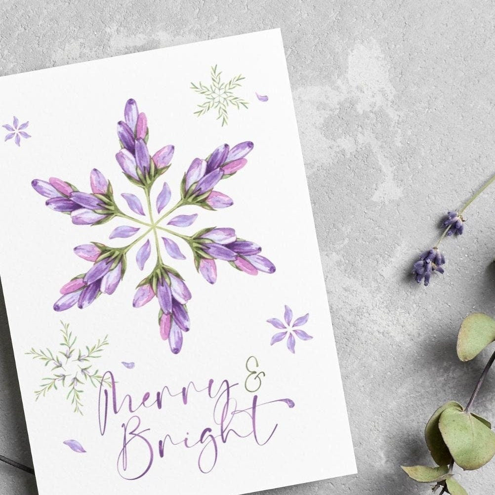 Lavender Snowflake Blossom Greeting Cards With Envelopes | Merry & Bright Flower Purple Christmas Holiday Card Pack, Set Of 5, 10, 25, 50