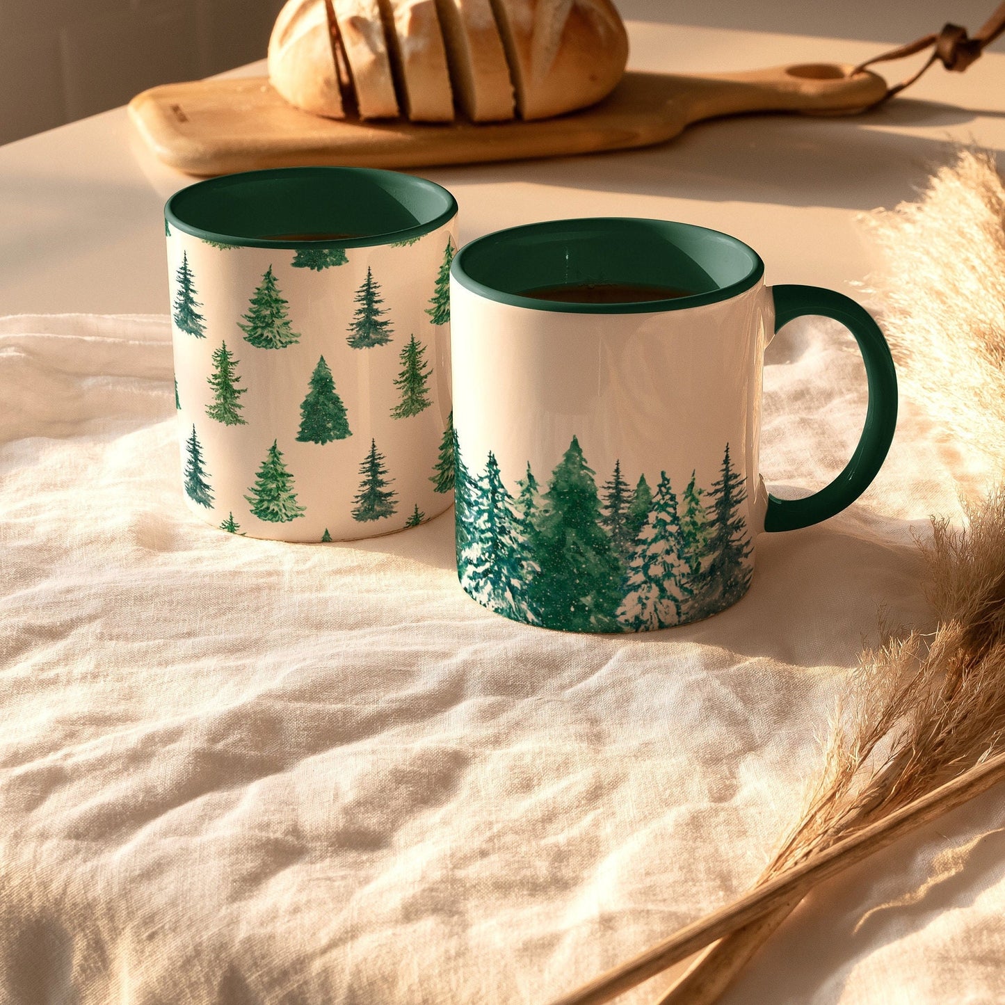 Winter Green Mug Collection | Hand-drawn Illustration Christmas Gift Mug | Evergreen Winter Trees & Forest Mug 11oz