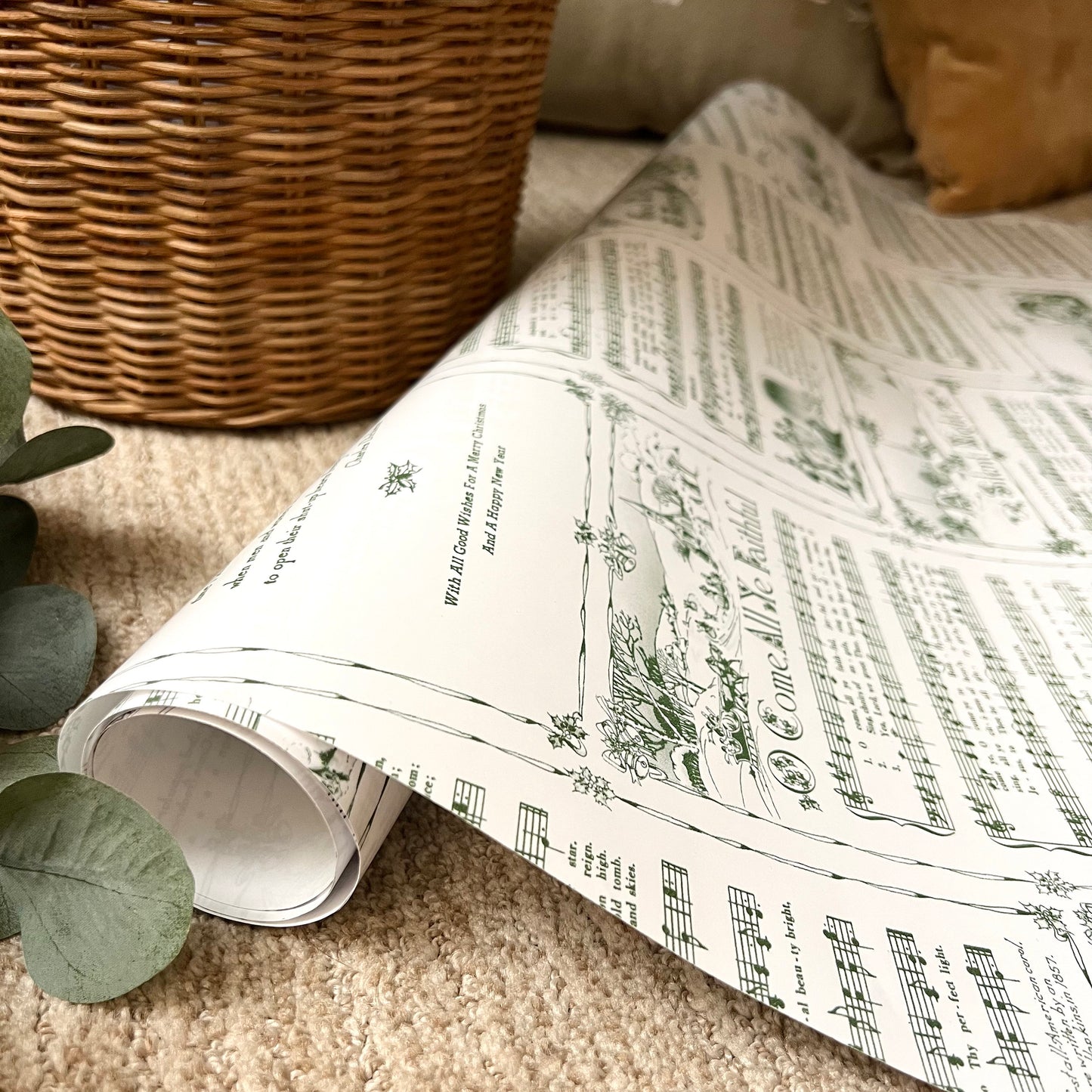 Christmas Carol Wrapping Paper Rolls | Green Vintage Holiday Music Sheets Gift Wraps
