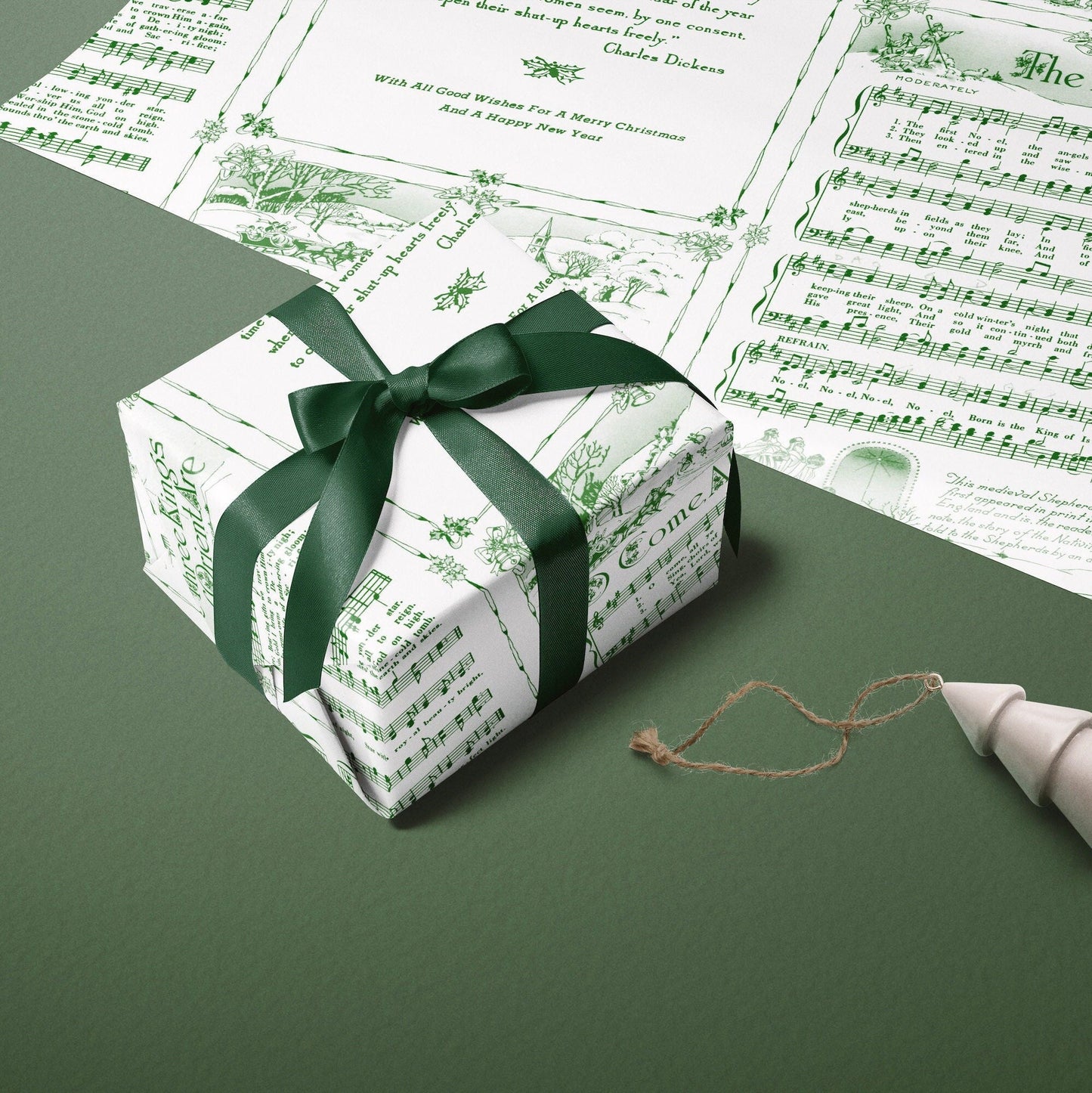Green Vintage Holiday Music Sheets Gift Wrapping Paper | Christmas Carol Premium Wrapping Paper Rolls for Church Choir, Musicians & Teachers