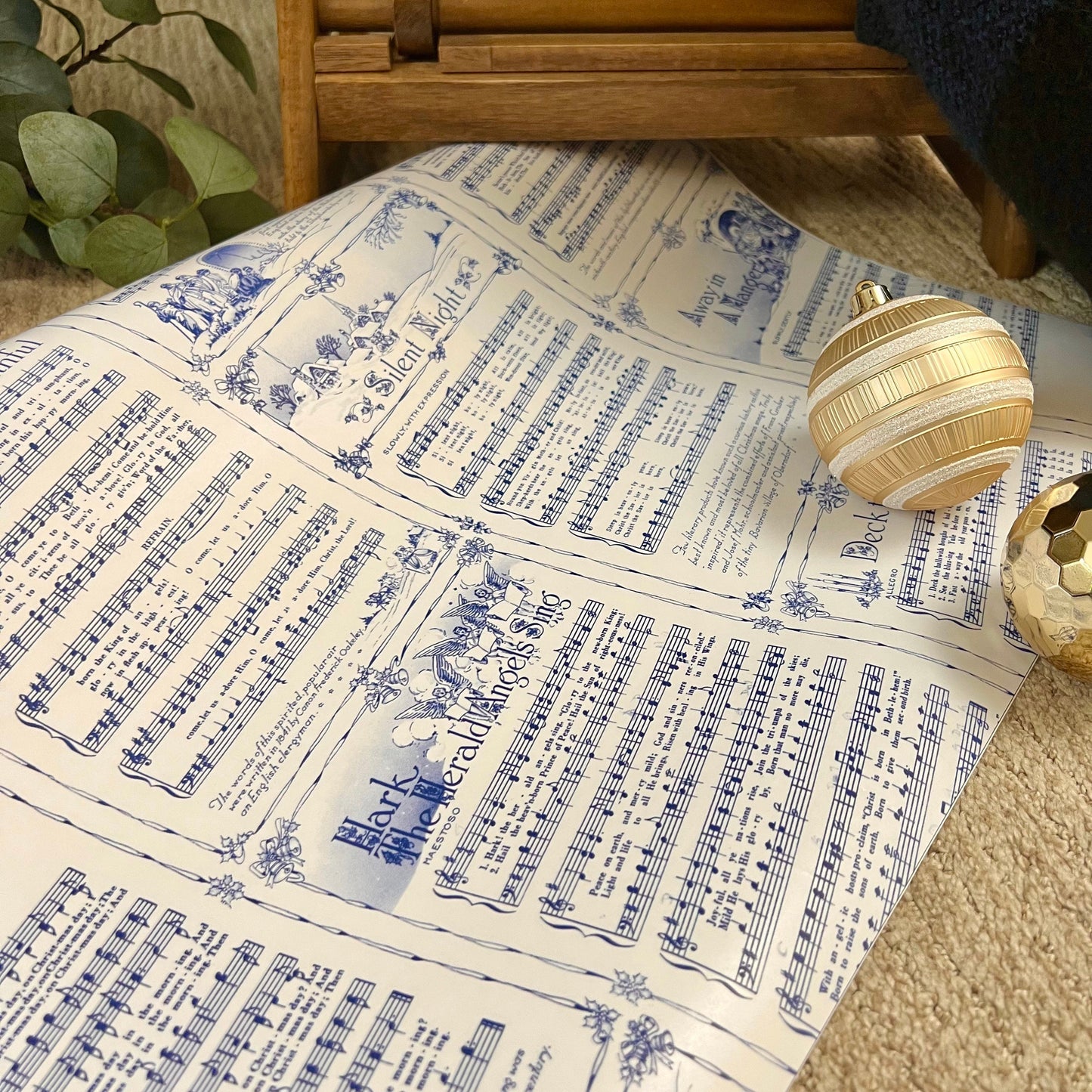 Christmas Carol Festive Wrapping Paper Rolls | Blue Vintage Holiday Music Sheets Gift Wraps