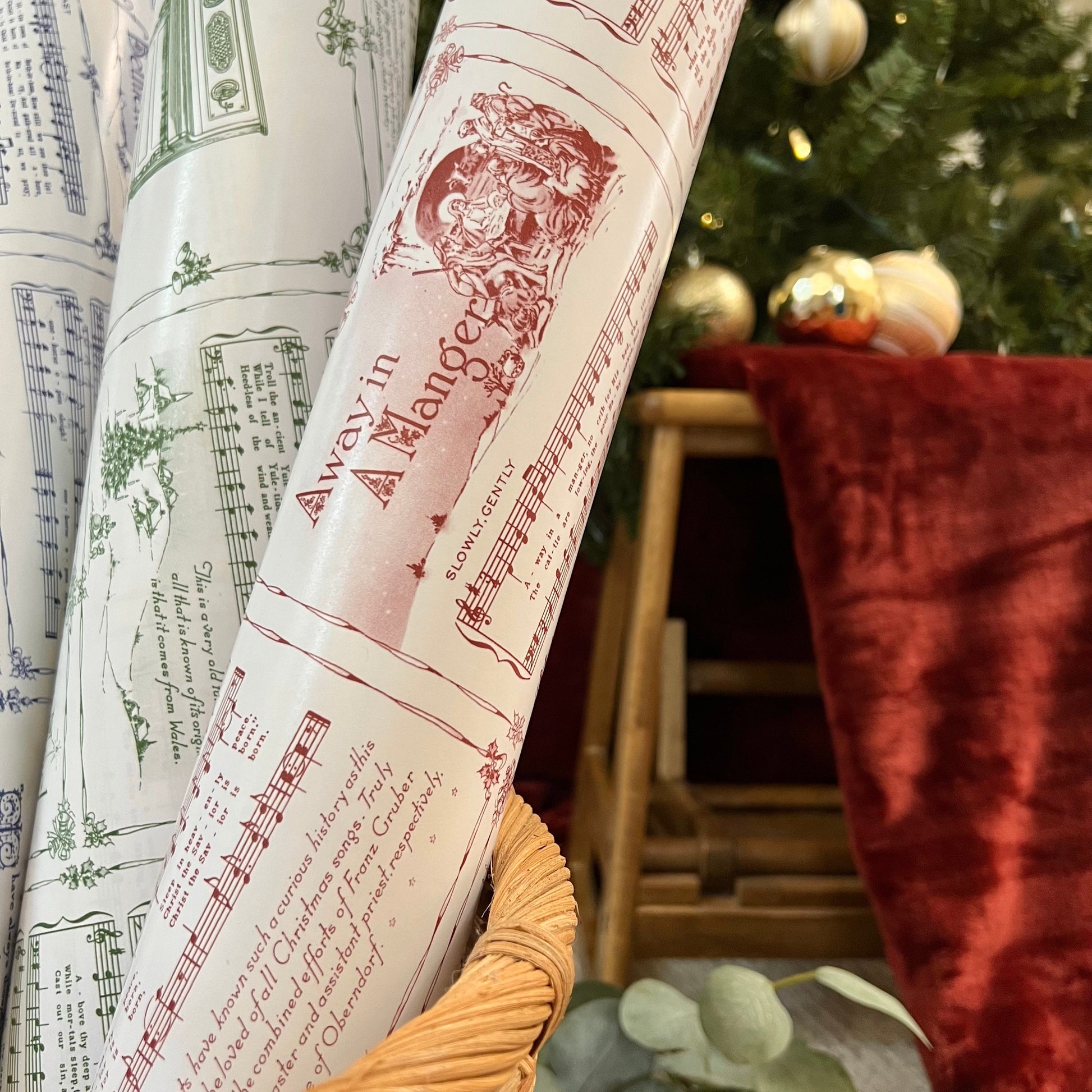 Christmas Carol Red Wrapping Paper Rolls | Vintage Festive Holiday Music Sheets Gift Wraps