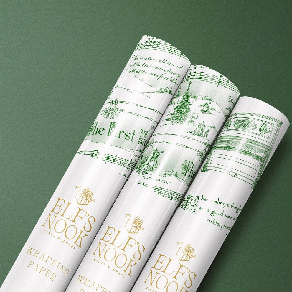 Christmas Carol Wrapping Paper Rolls | Green Vintage Holiday Music Sheets Gift Wraps