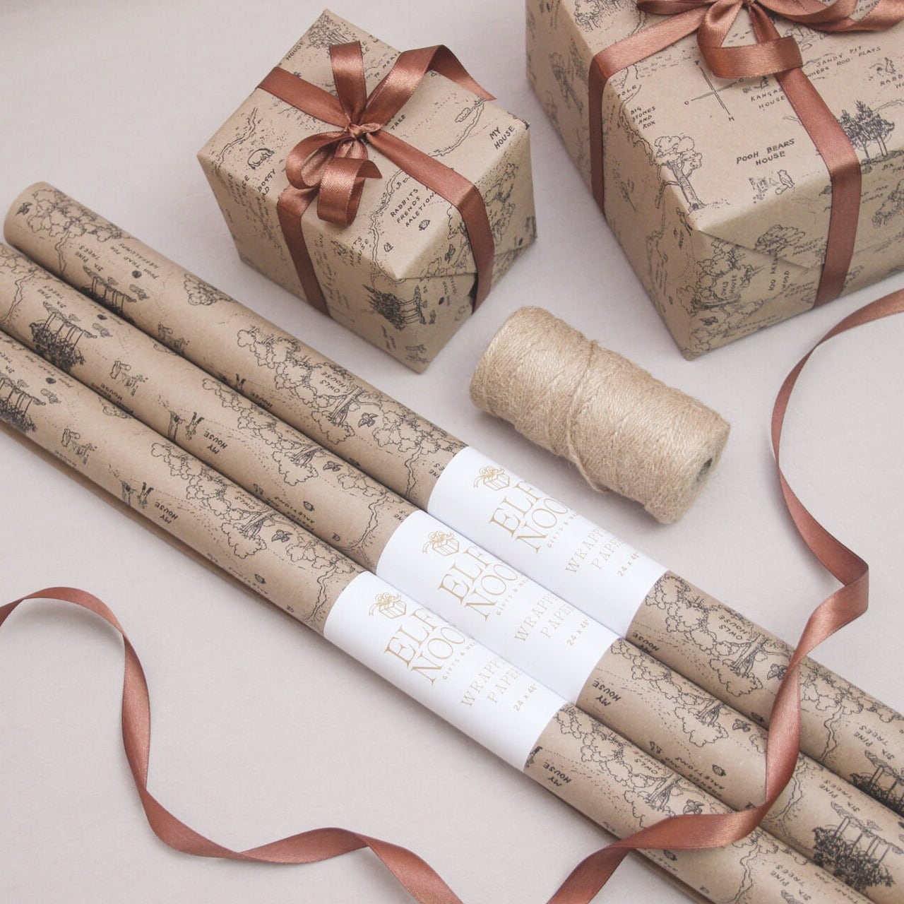 Winnie-the-Pooh Vintage Map Eco Gift Wrapping Paper Rolls | Hundred Acre Wood Map Illustration Recycled Brown Paper Christmas Gift Wraps