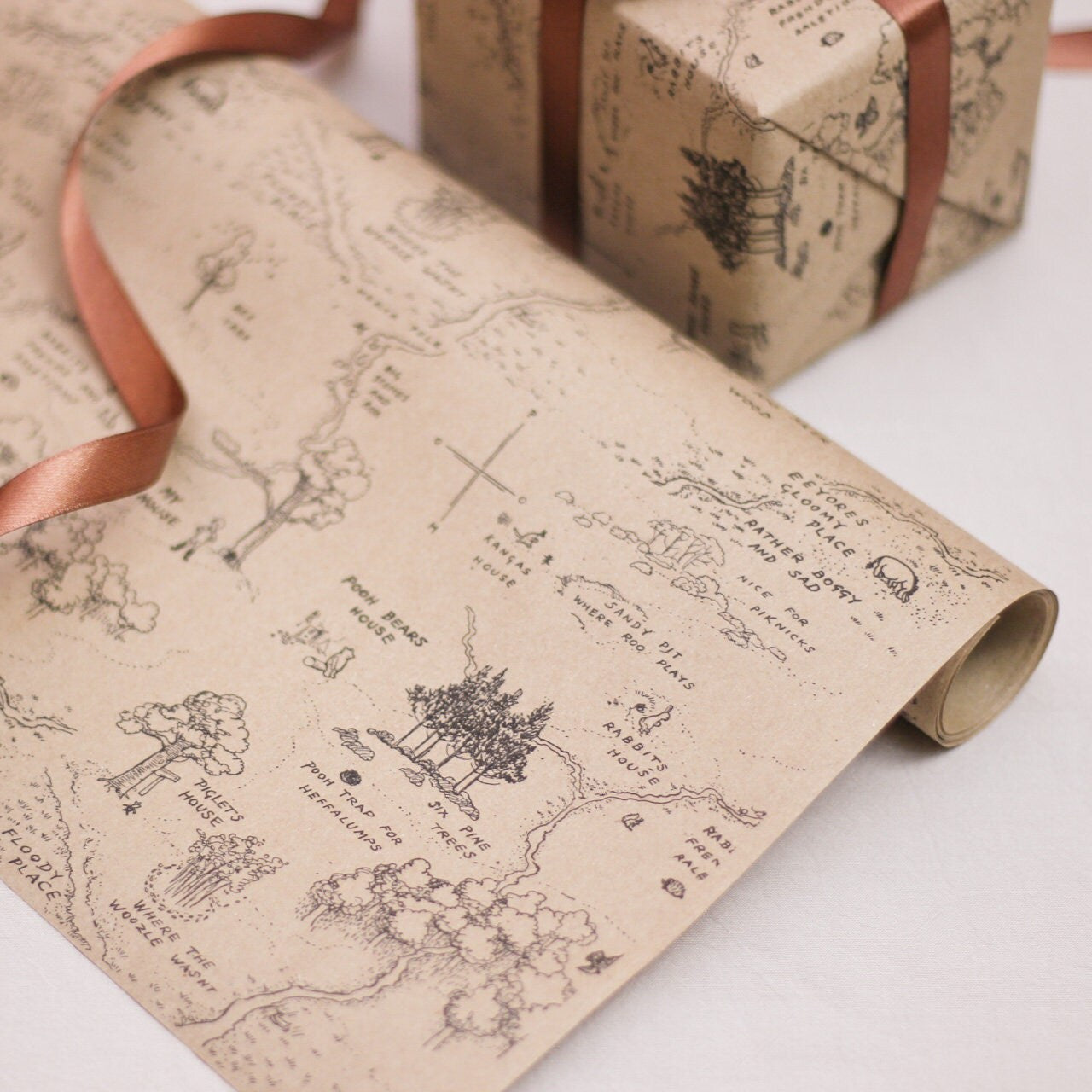 Winnie-the-Pooh Vintage Map Eco Gift Wrapping Paper Rolls | Hundred Acre Wood Map Illustration Recycled Brown Paper Christmas Gift Wraps