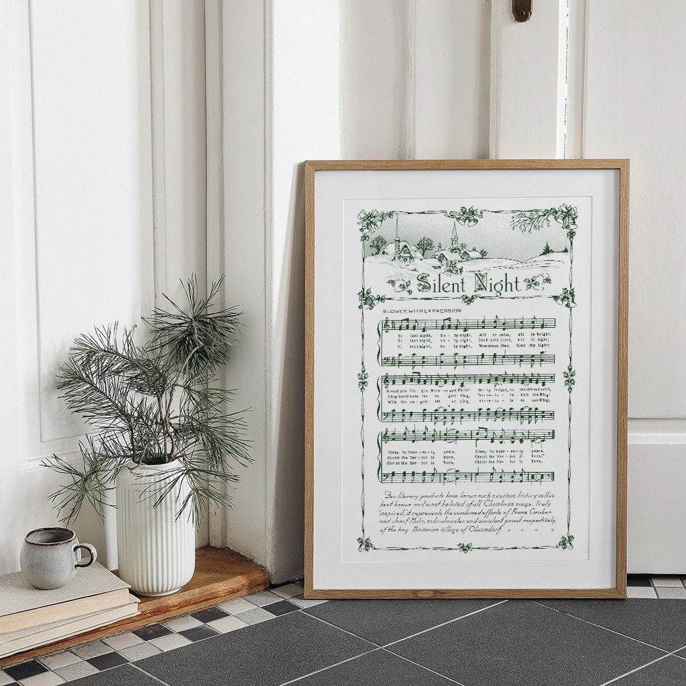 Silent Night Printable Vintage Sheet Music | Christmas Hymn Carol Sheet Music Collection for Song Practice, Holiday Decor - Vintage Green