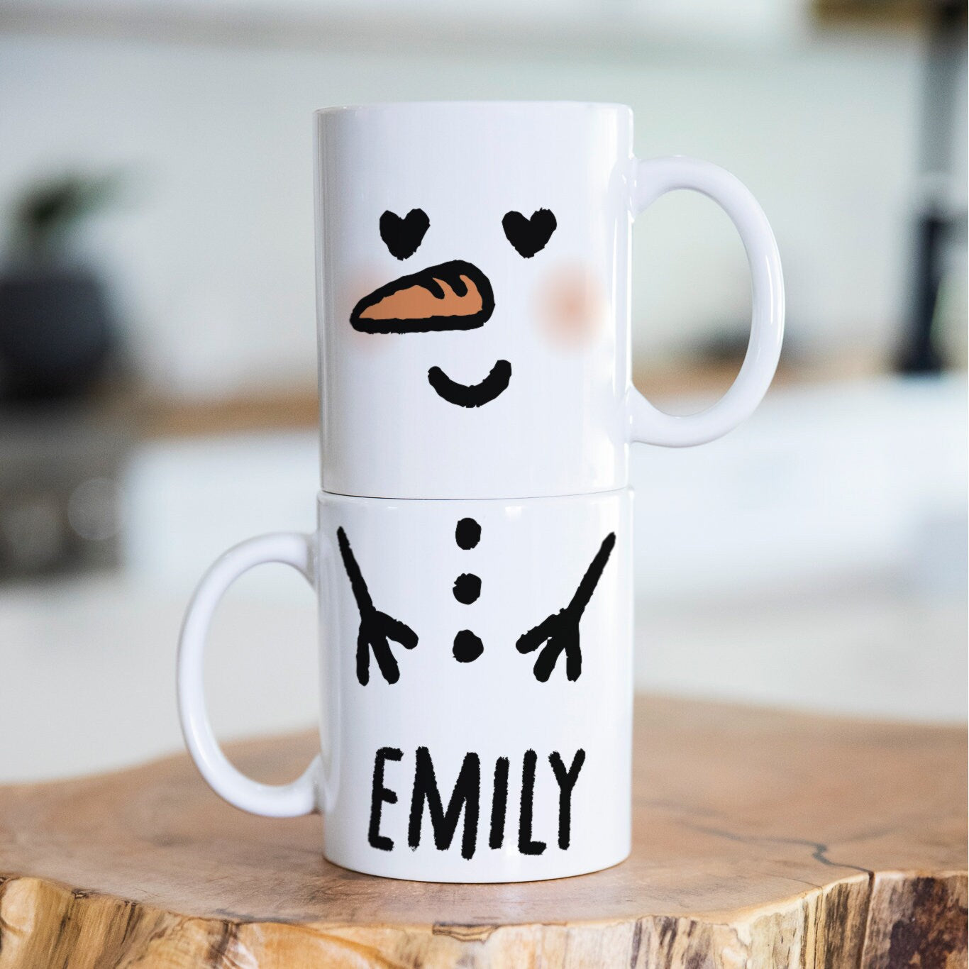 Snowman Mugs with Customized Face & Name | Stackable Marshmallow Snowman Coffee Cups for Personalized Christmas Gifts