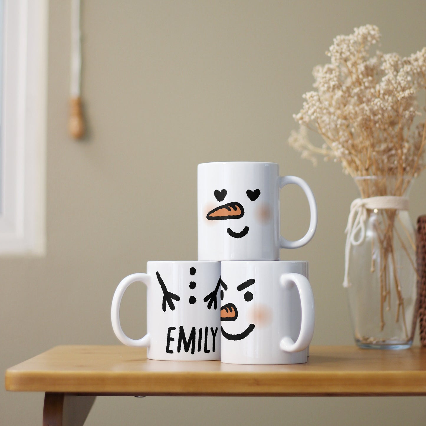 Snowman Mugs with Customized Face & Name | Stackable Marshmallow Snowman Coffee Cups for Personalized Christmas Gifts