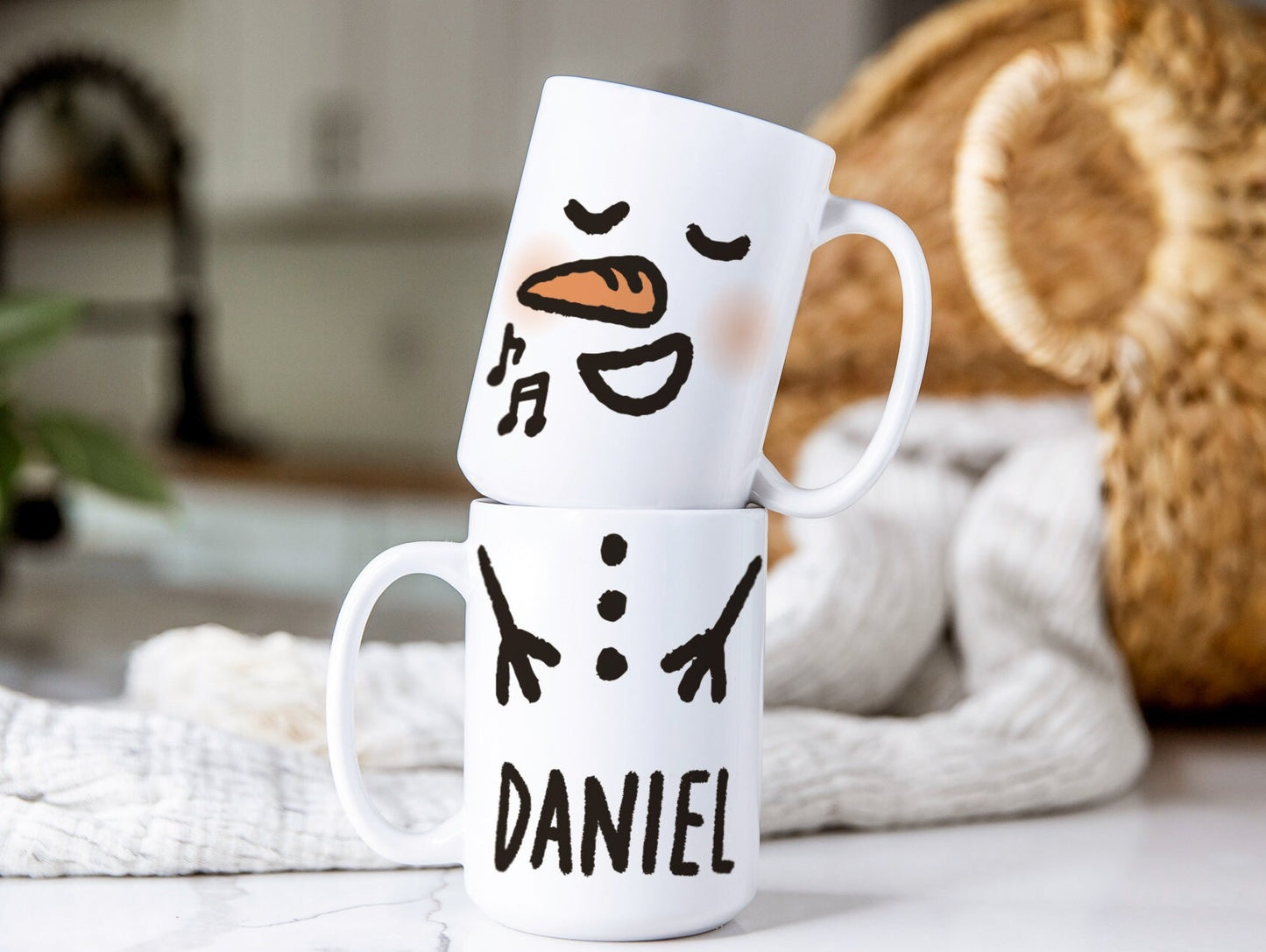 Snowman Mugs with Customized Face & Name | Stackable Marshmallow Snowman Coffee Cups for Personalized Christmas Gifts