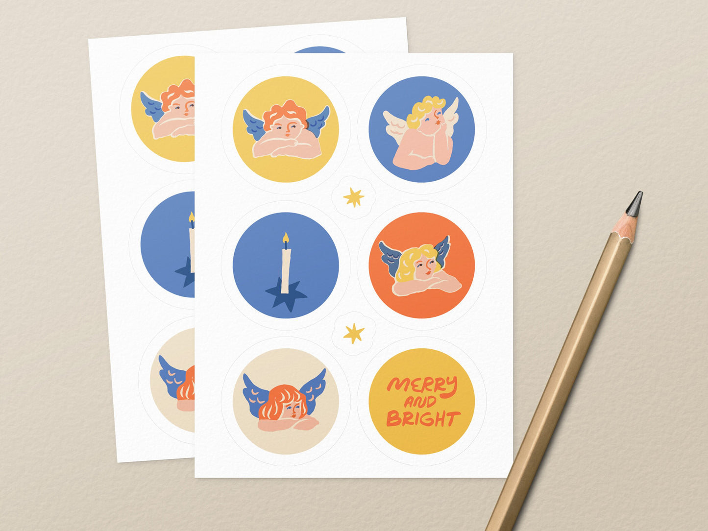 Angels Sticker Sheet For Greeting Card Envelope & Gift Wrapping Seals | Vintage Sticker Set, Magic Christmas Collection