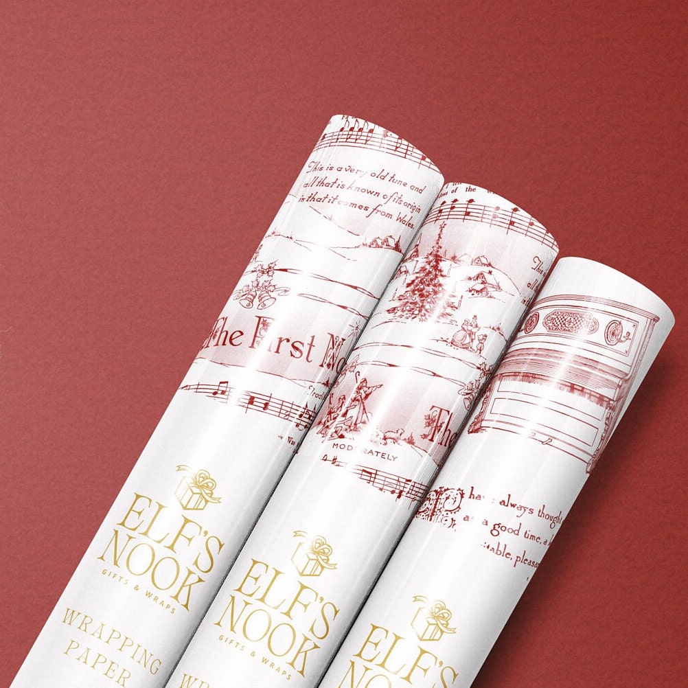Christmas Carol Red Wrapping Paper Rolls | Vintage Festive Holiday Music Sheets Gift Wraps