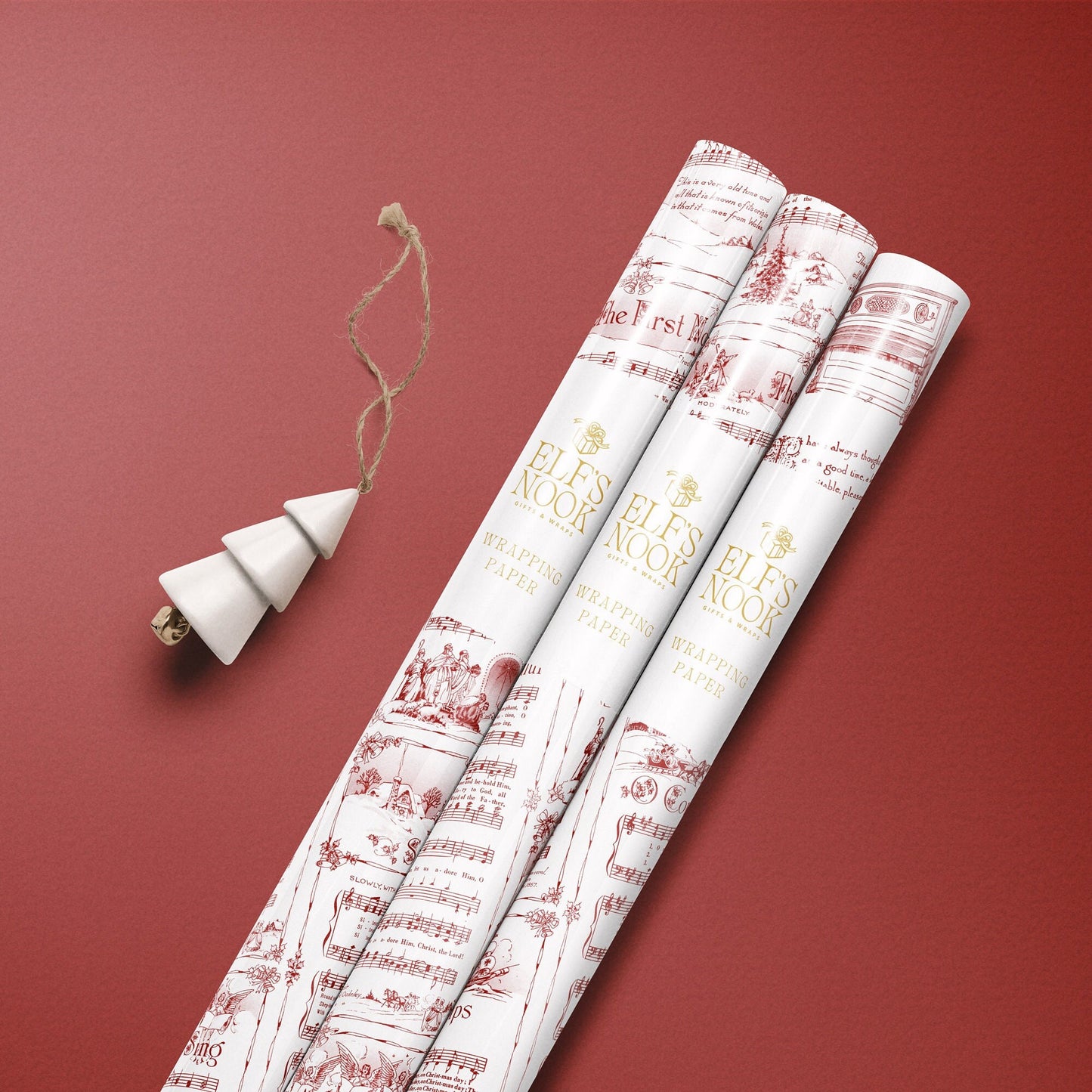 Christmas Carol Red Wrapping Paper Rolls | Vintage Festive Holiday Music Sheets Gift Wraps