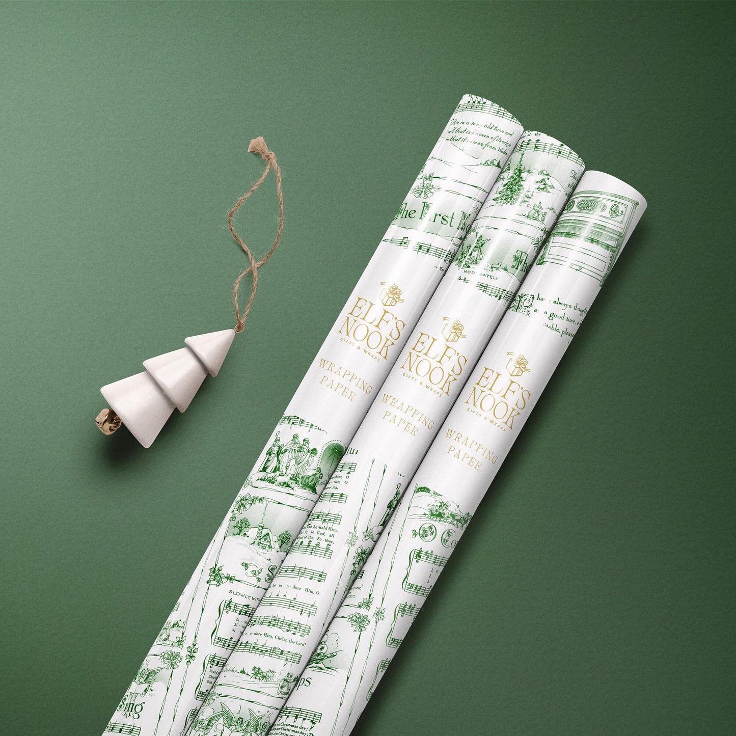 Green Vintage Holiday Music Sheets Gift Wrapping Paper | Christmas Carol Premium Wrapping Paper Rolls for Church Choir, Musicians & Teachers