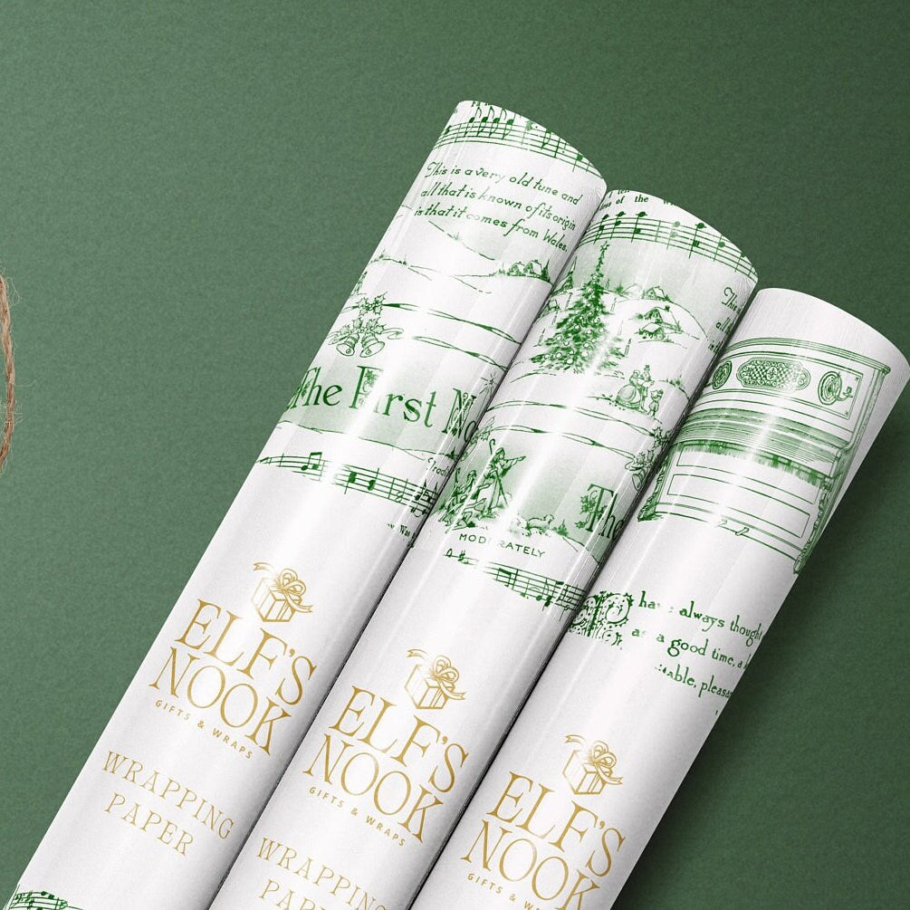 Green Vintage Holiday Music Sheets Gift Wrapping Paper | Christmas Carol Premium Wrapping Paper Rolls for Church Choir, Musicians & Teachers