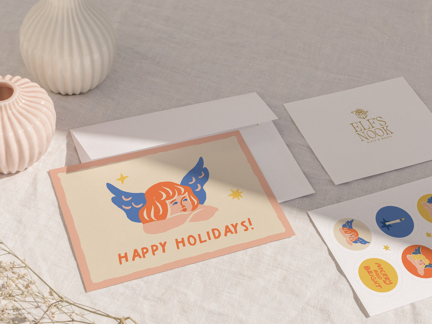 Angel Christmas Greeting Cards With Envelopes | Peach Happy Holiday Premium Vintage Greeting Card Set | Magic Christmas Collection