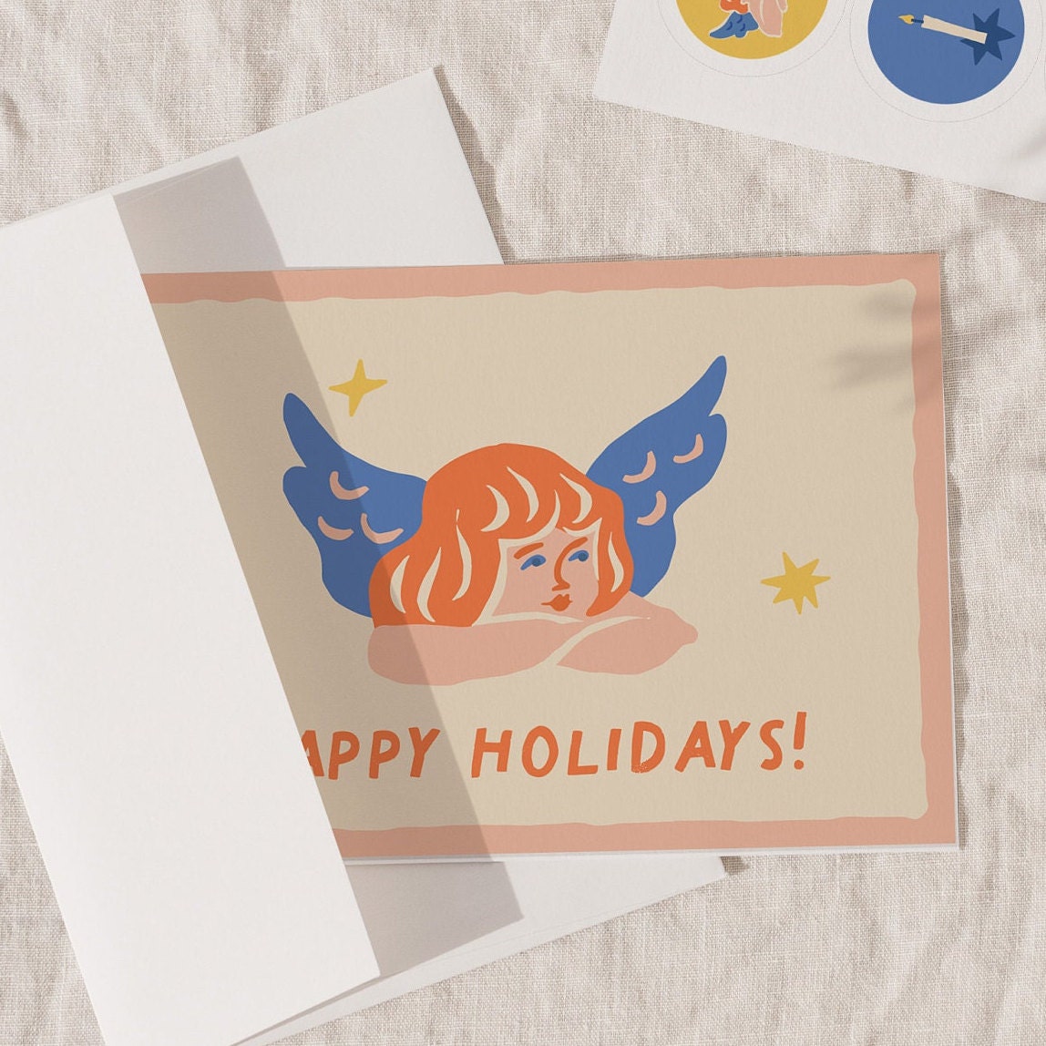 Angel Christmas Greeting Cards With Envelopes | Peach Happy Holiday Premium Vintage Greeting Card Set | Magic Christmas Collection