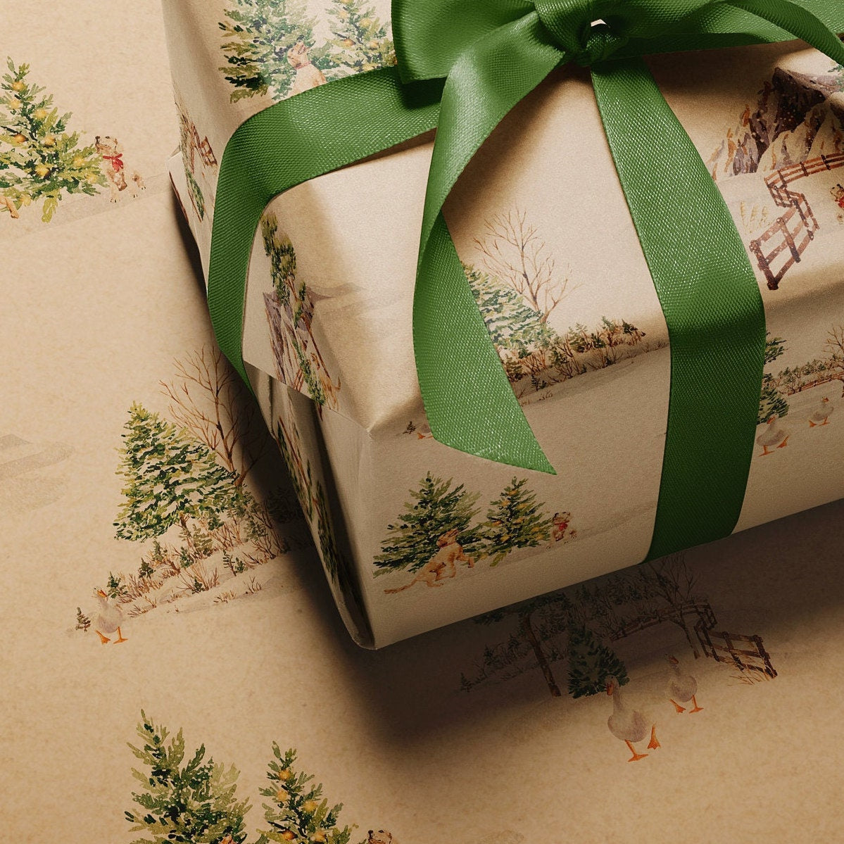 Winter Dogs & Ducks Eco Christmas Gift Wrapping Papers | Watercolor Playful Animal in Snowfield Recycled Paper Holiday Gift Wraps