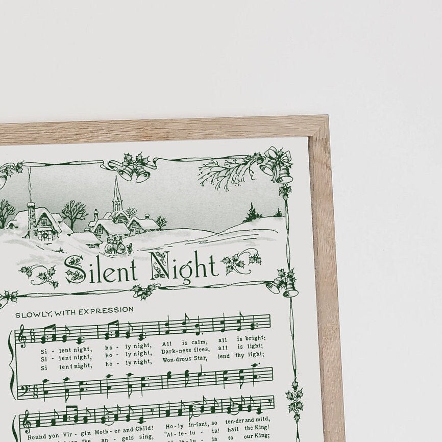 Silent Night Printable Vintage Sheet Music | Christmas Hymn Carol Sheet Music Collection for Song Practice, Holiday Decor - Vintage Green